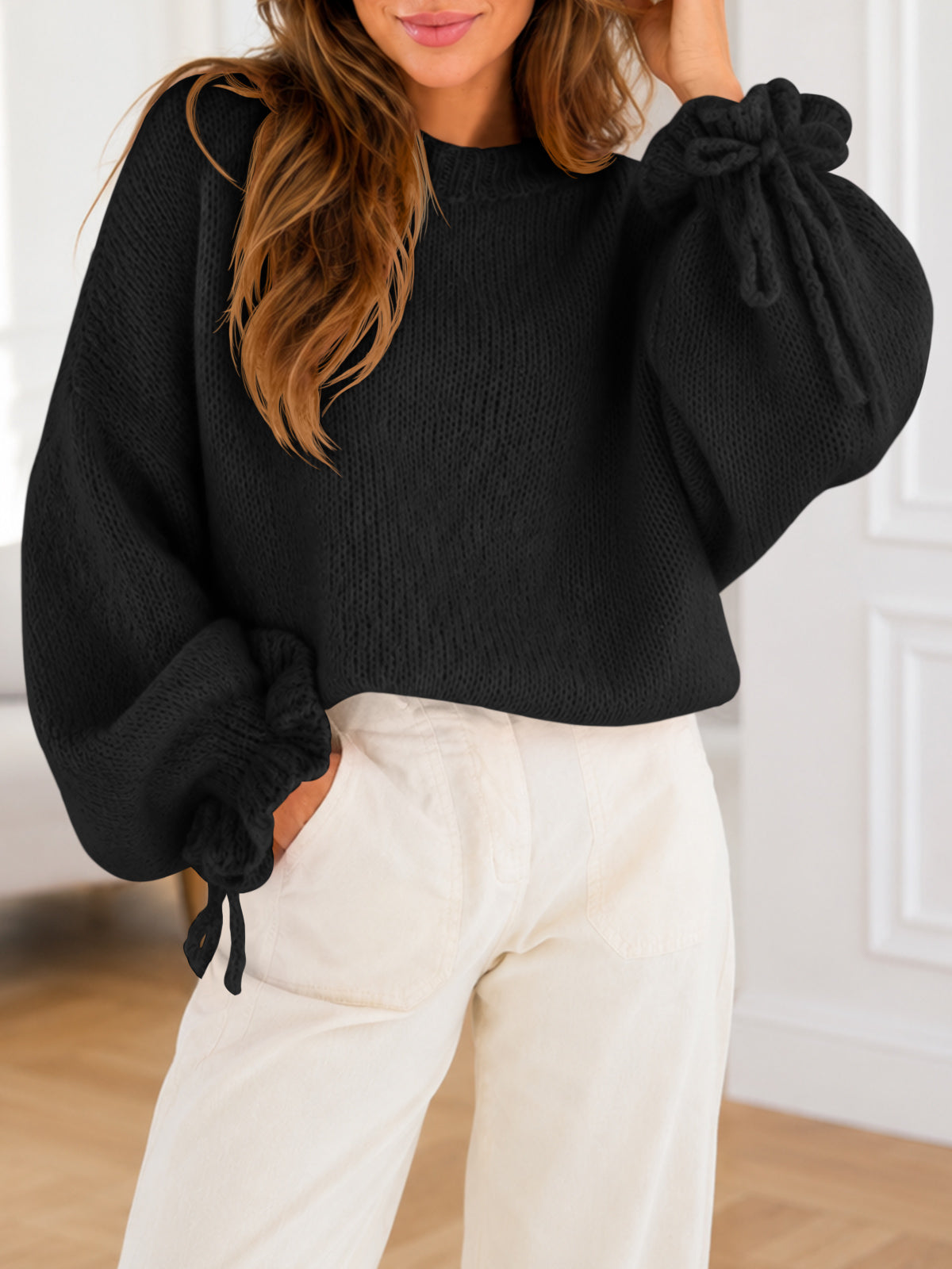 Saodimallsu Women Ruffle Long Sleeve Knit Sweater