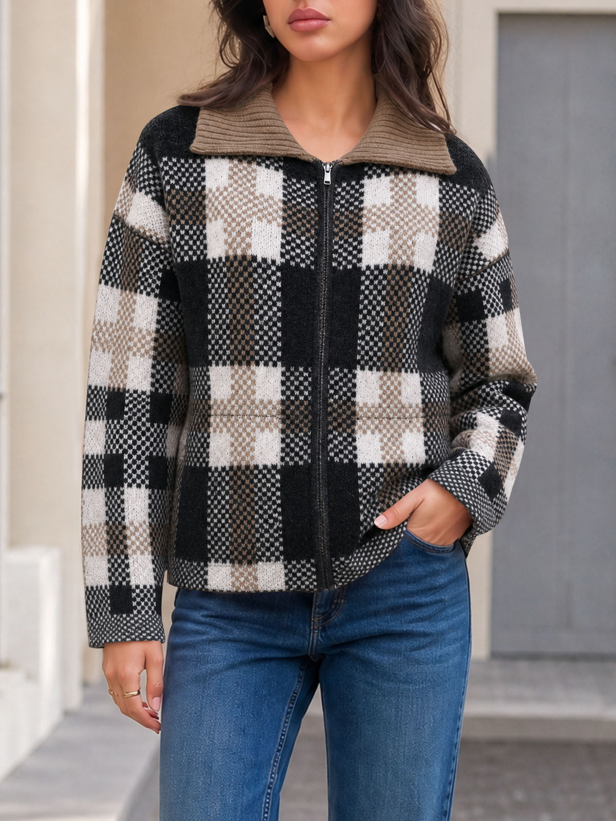 Saodimallsu Womens Plaid Color Block Zip Cardigan