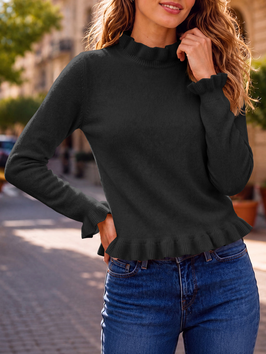 Saodimallsu Women Ruffle Mock Neck Knit Sweater