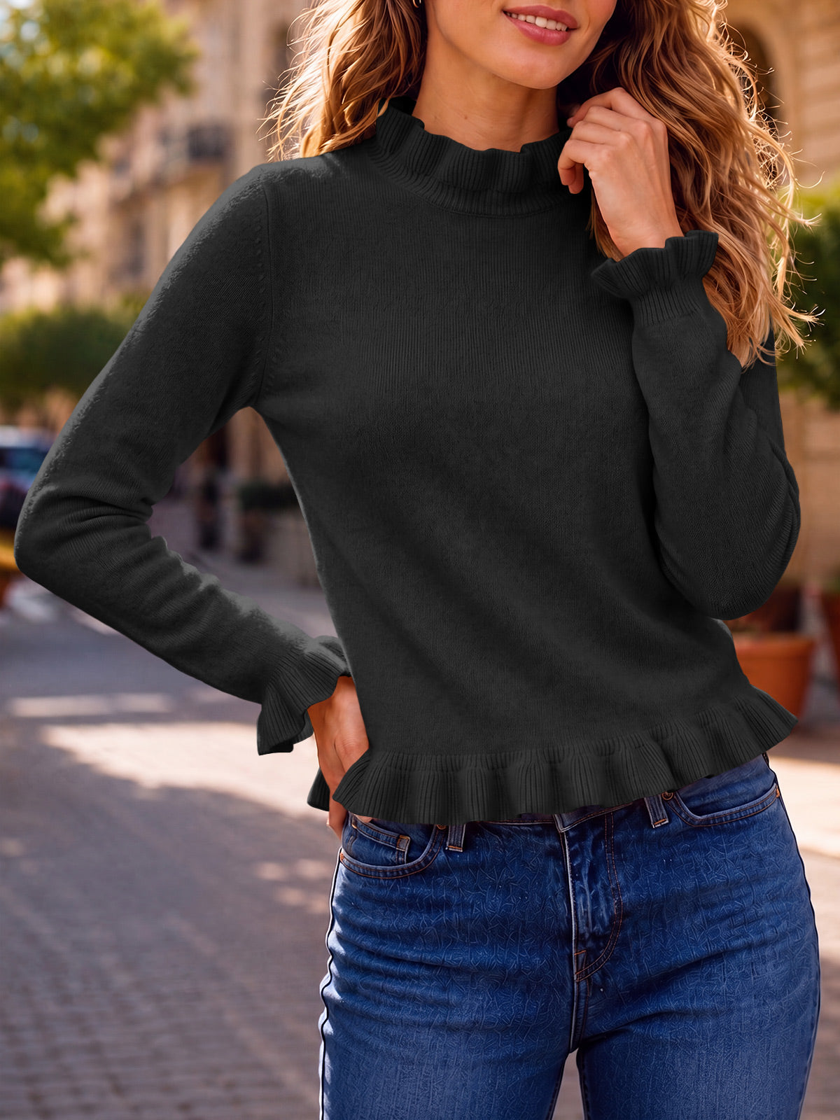 Saodimallsu Women Ruffle Mock Neck Knit Sweater