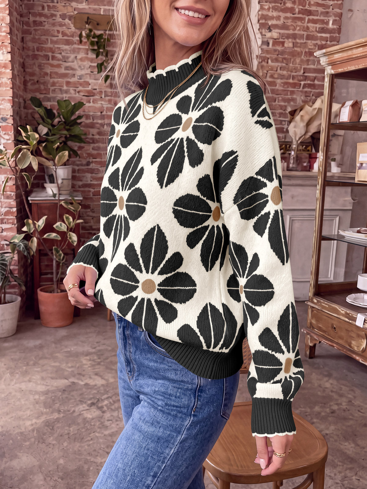 Saodimallsu Womens Mock Neck Floral Knit Sweater