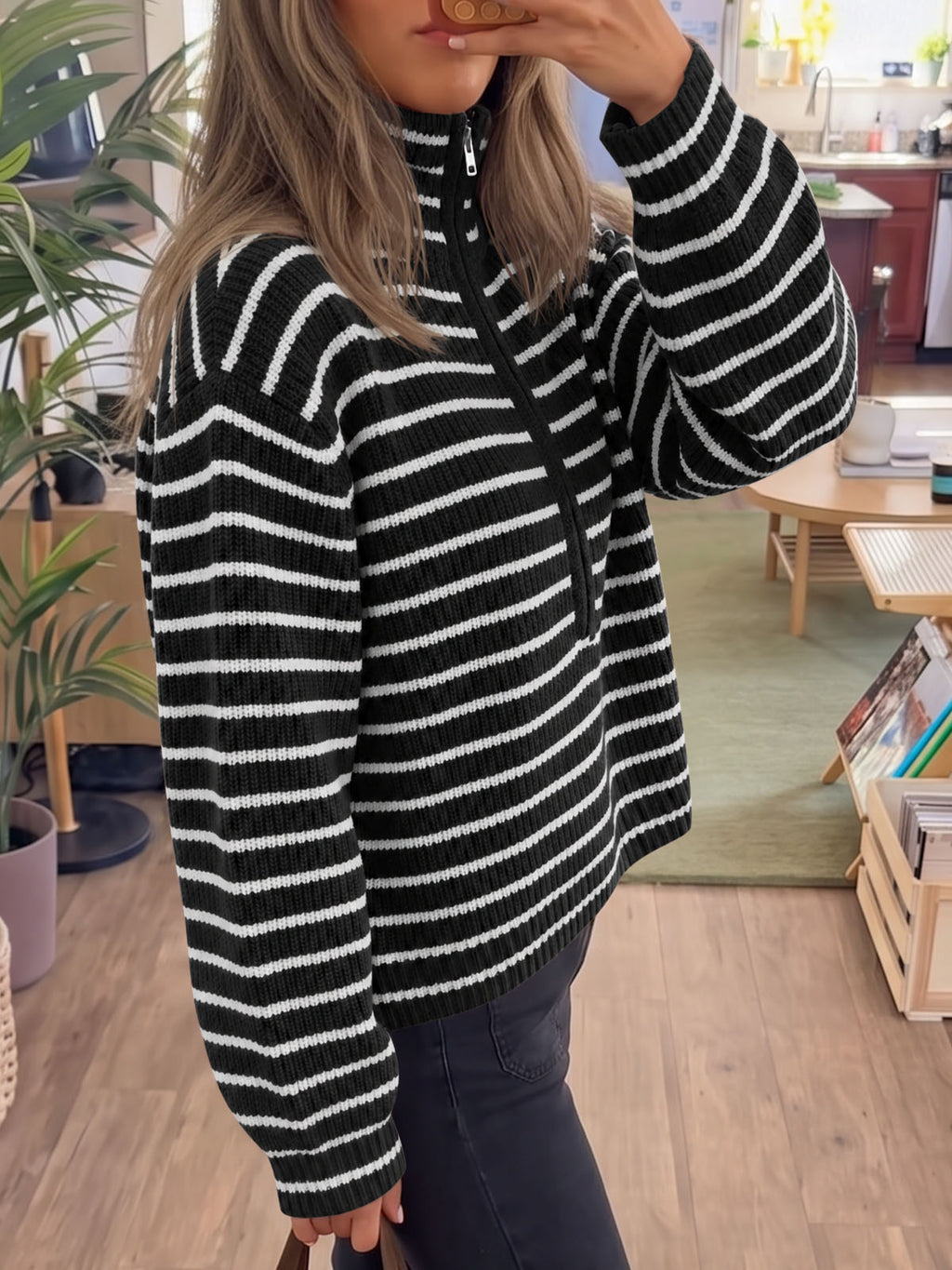 Saodimallsu Womens Striped Half Zip Sweater