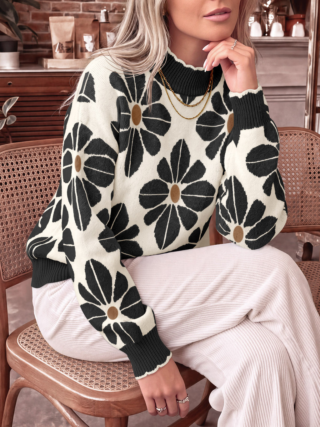 Saodimallsu Womens Mock Neck Floral Knit Sweater