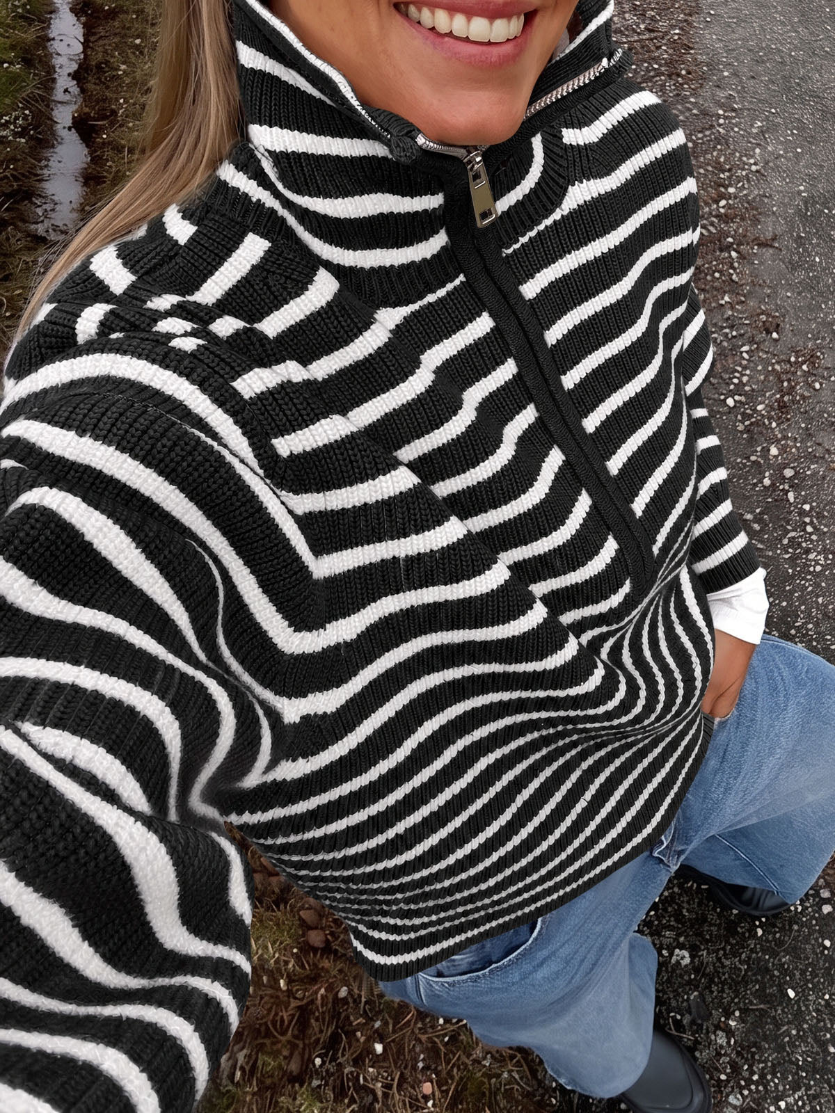 Saodimallsu Womens Striped Half Zip Sweater