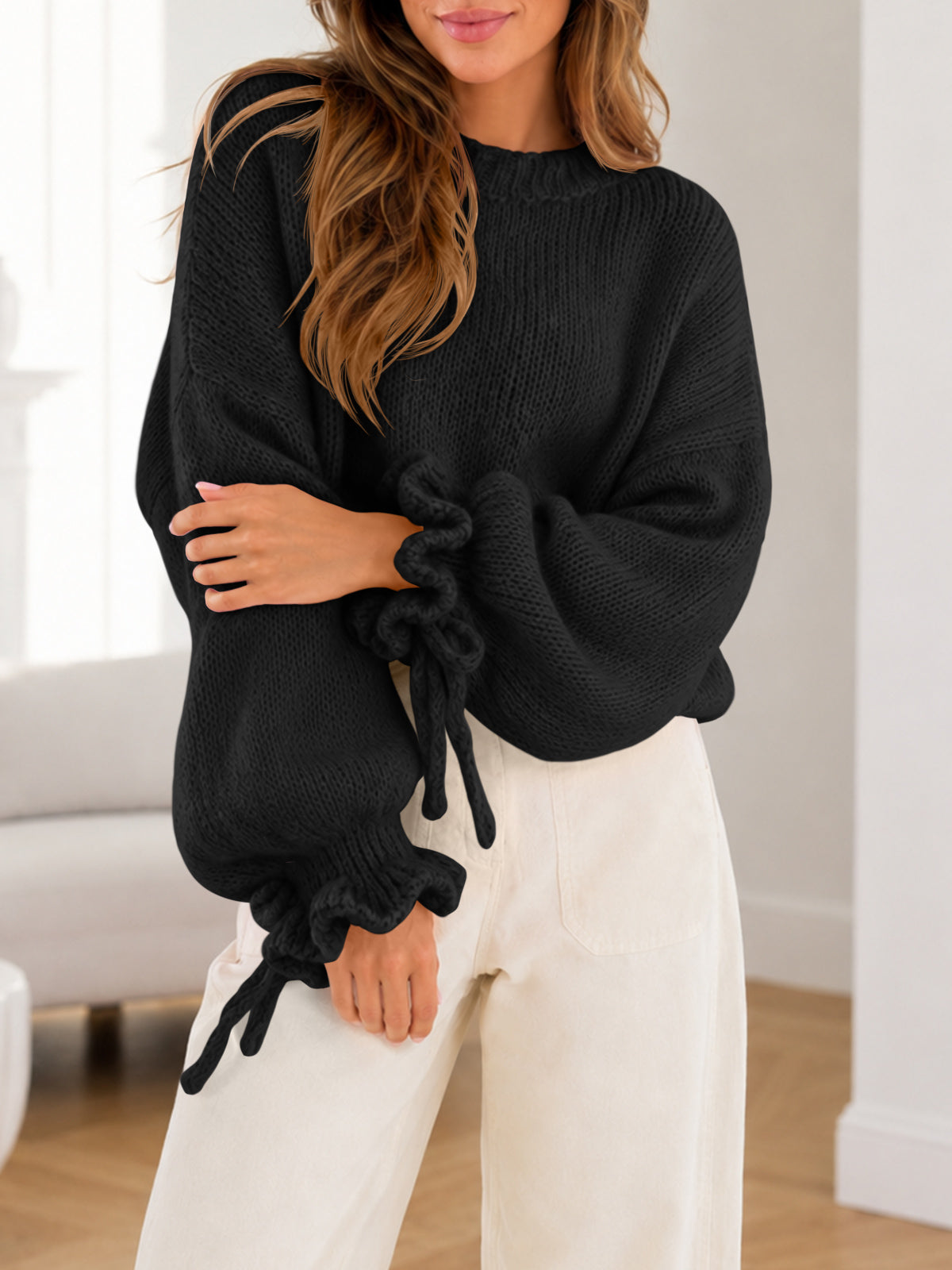Saodimallsu Women Ruffle Long Sleeve Knit Sweater