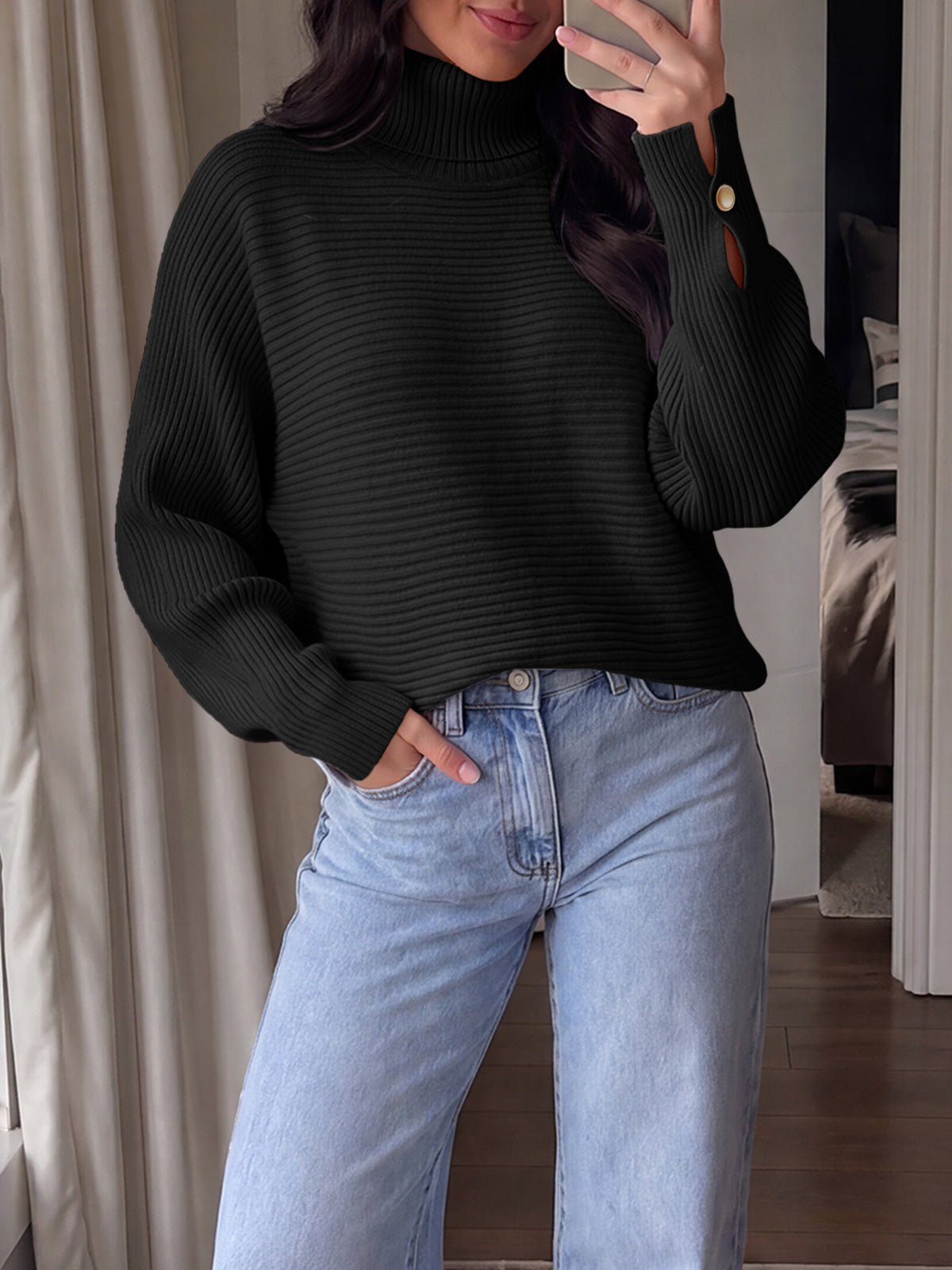 Saodimallsu Womens Batwing Sleeve Knit Turtleneck Sweater