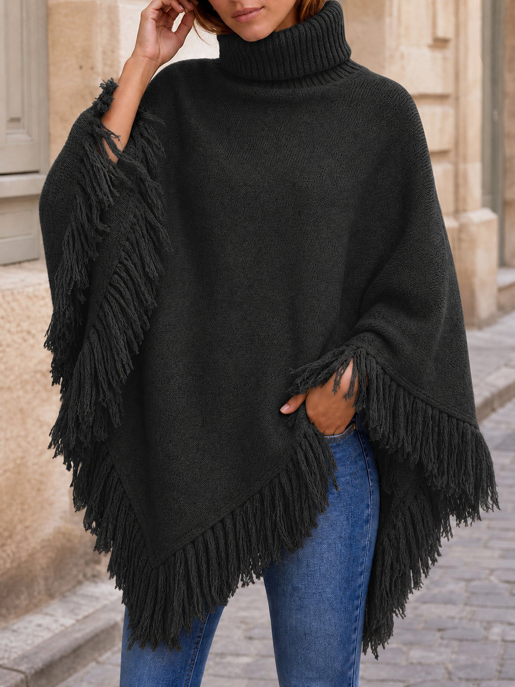 Saodimallsu Womens Fringe Turtleneck Poncho Sweater