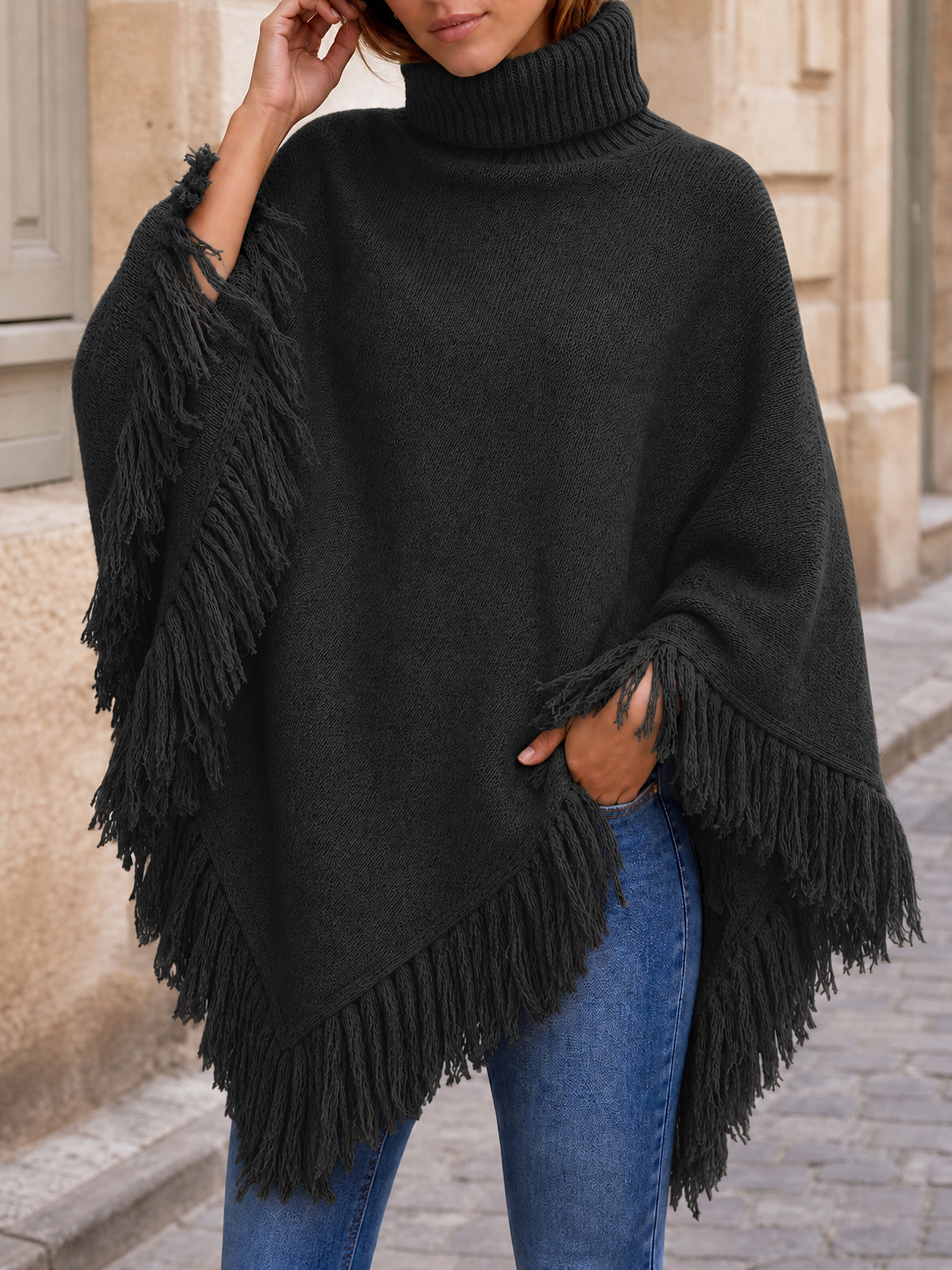 Saodimallsu Womens Fringe Turtleneck Poncho Sweater