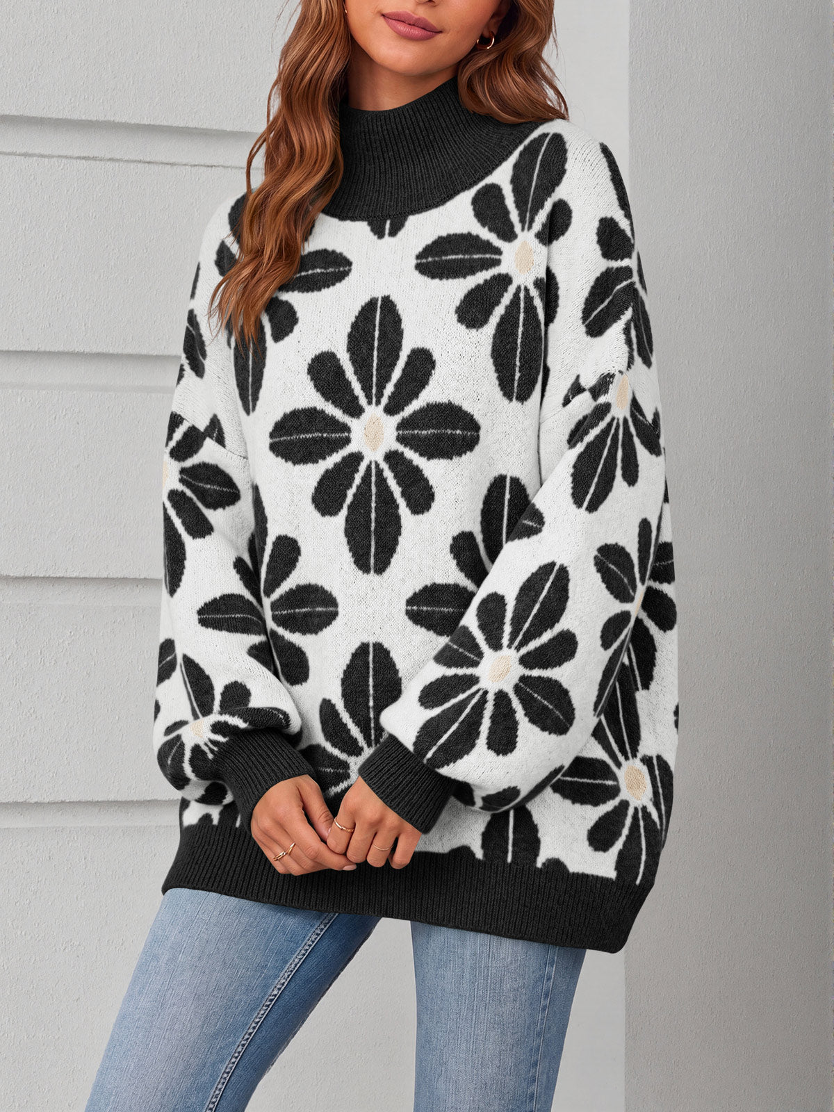 Saodimallsu Womens Floral Mock Neck Chunky Sweater