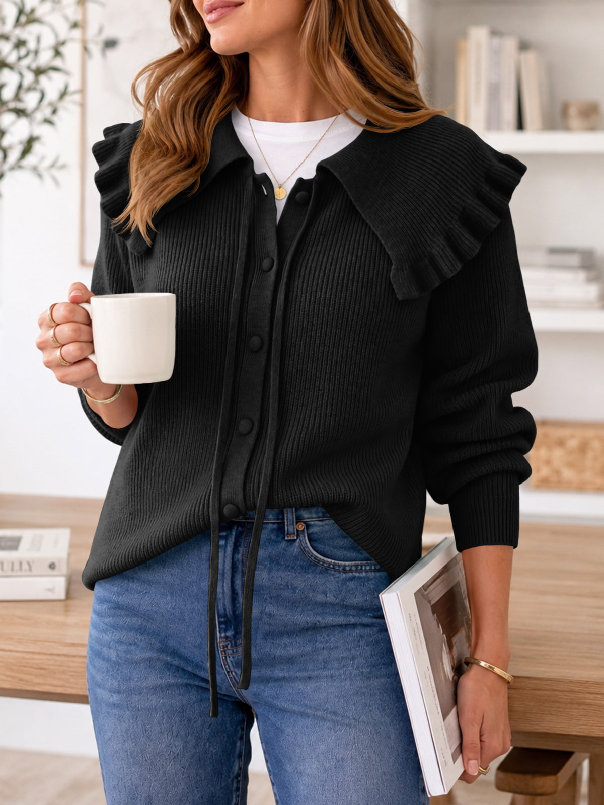 Saodimallsu Women Ruffle Collar Knit Cardigan