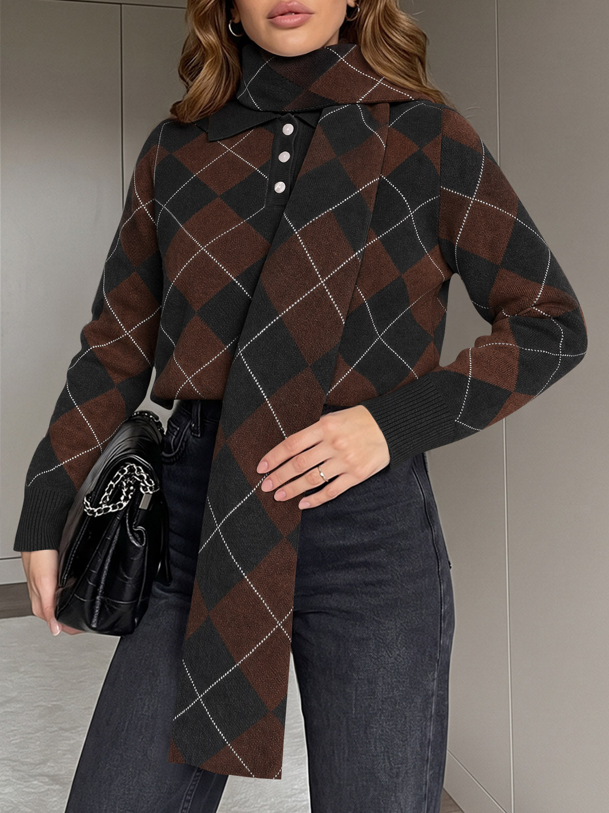 Saodimallsu Womens Argyle Color Block Polo Sweater