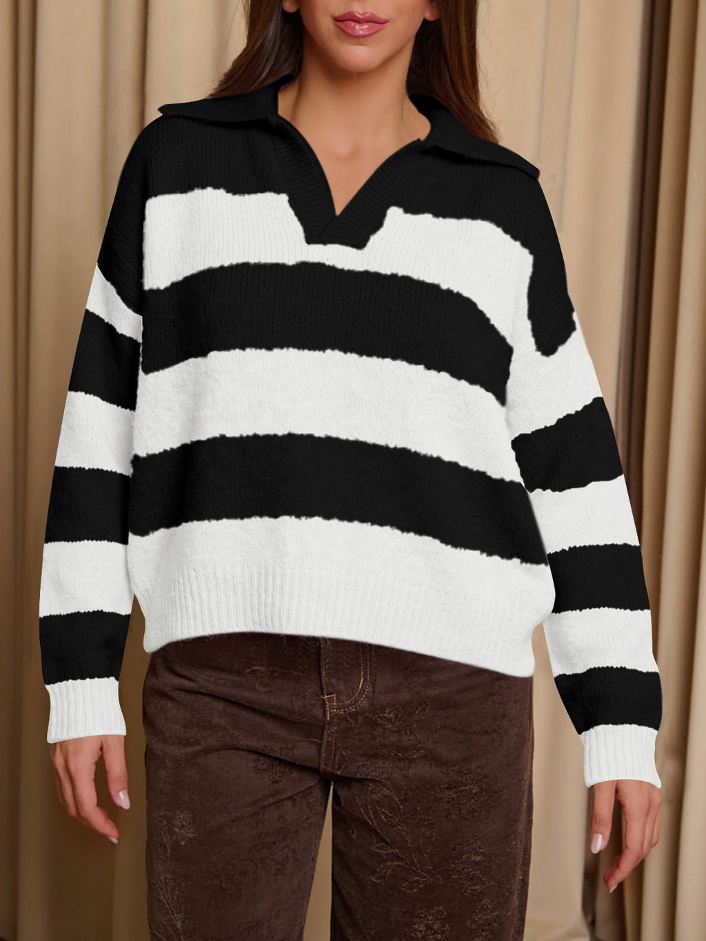 Saodimallsu Womens Striped Polo V Neck Sweaters