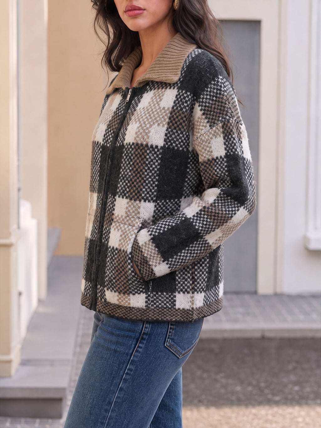Saodimallsu Womens Plaid Color Block Zip Cardigan