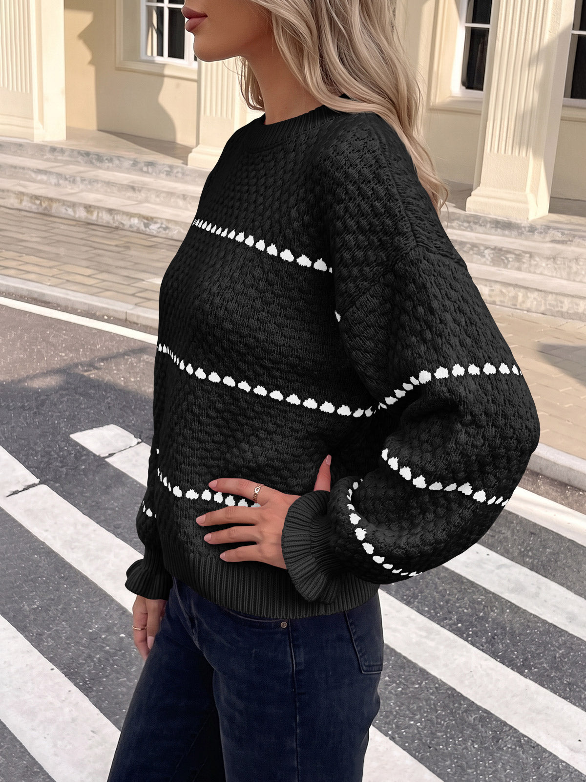 Saodimallsu Womens Heart Striped Ruffle Sweaters