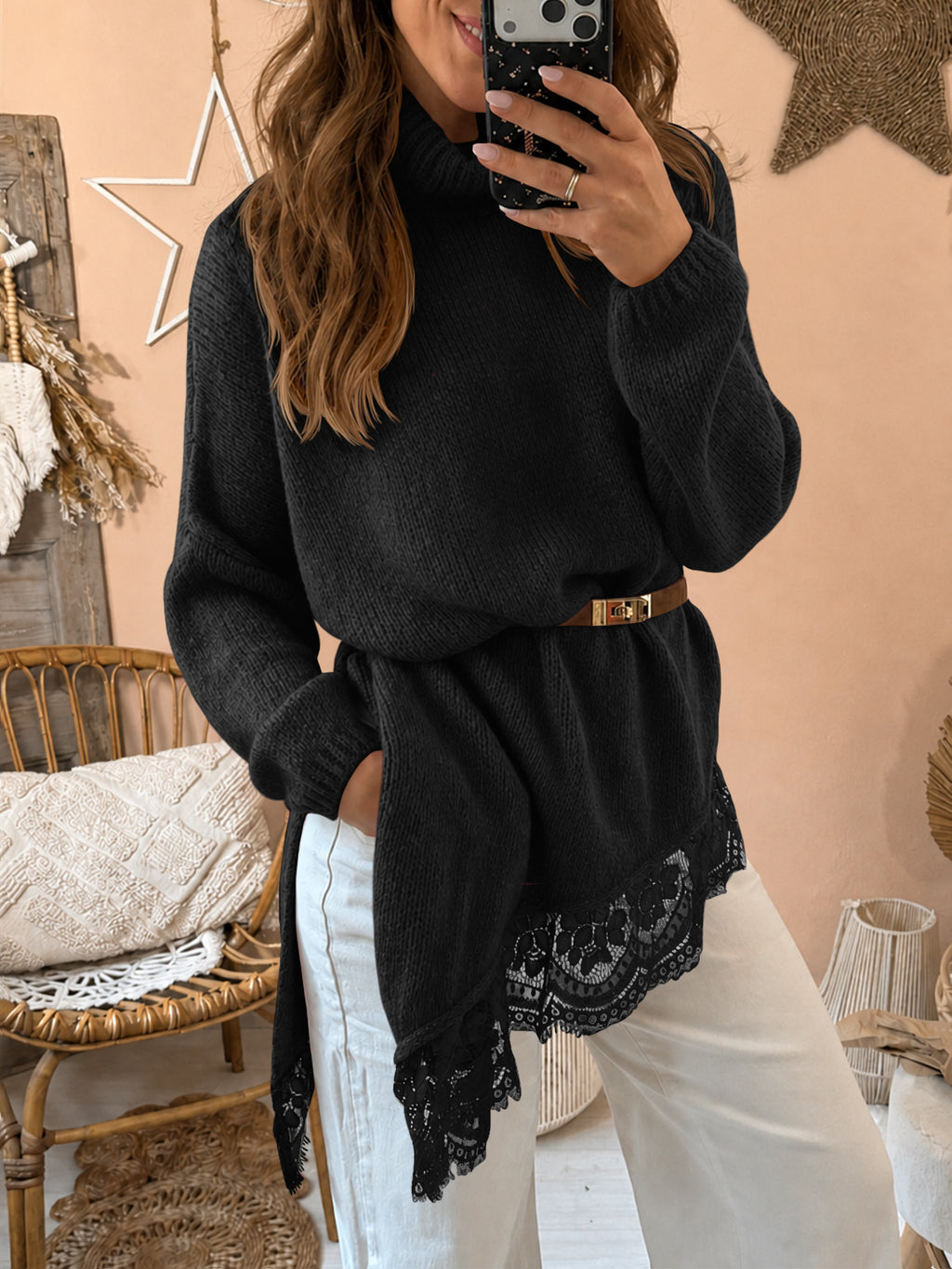 Saodimallsu Womens Oversized Batwing Sleeve Turtleneck Sweater