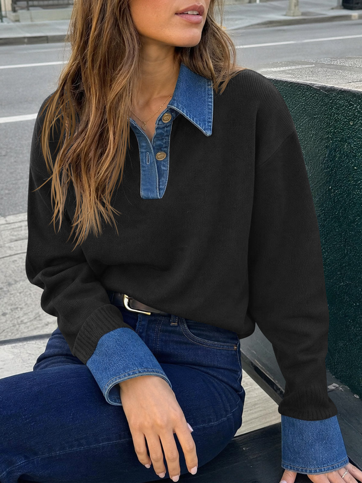 Saodimallsu Women Denim Patchwork V Neck Sweater Tops