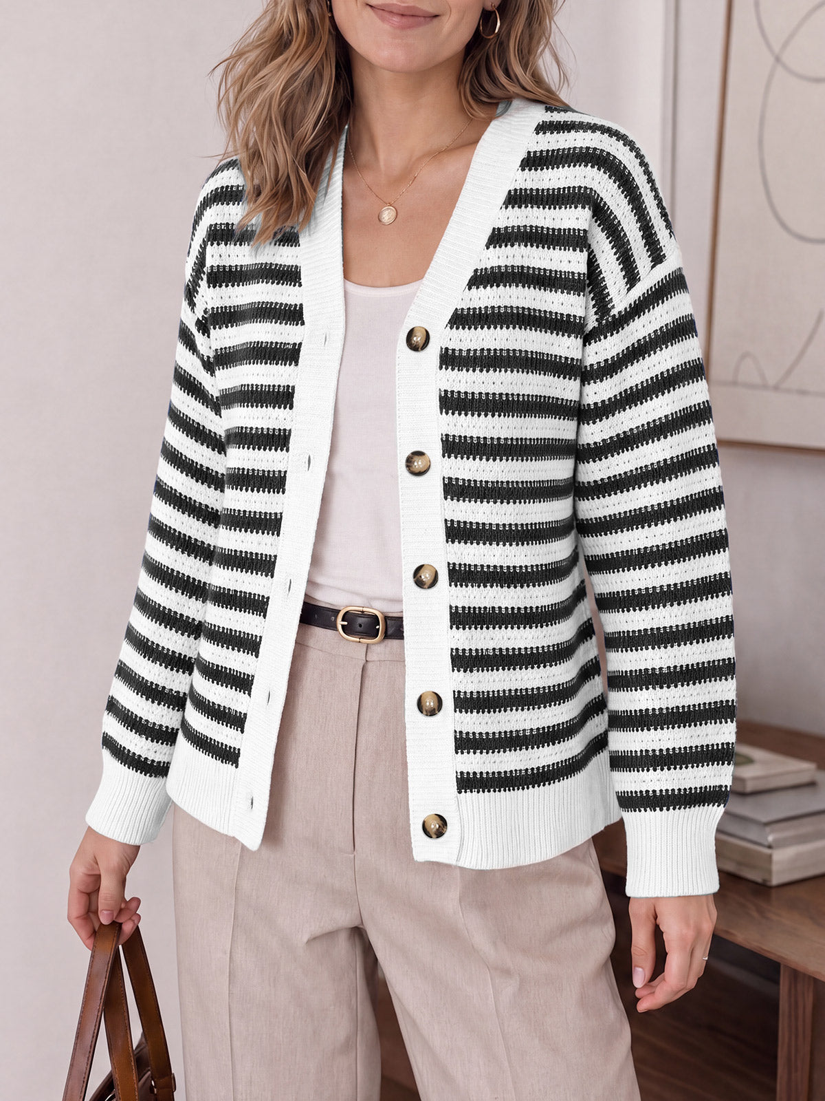 Saodimallsu Womens Striped V Neck Cardigan