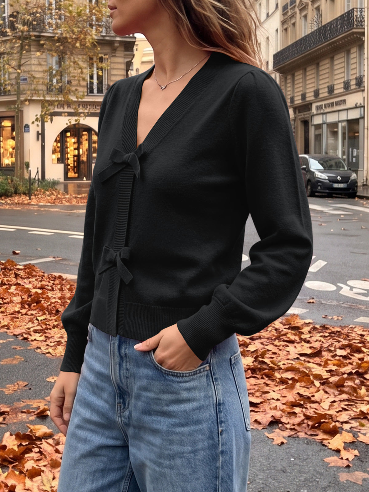 Saodimallsu Women V Neck Bow Knit Cardigan