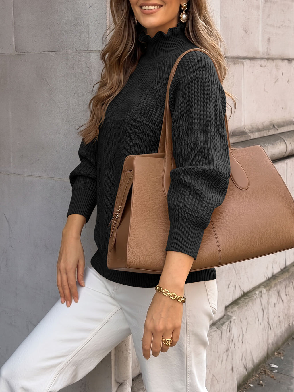 Saodimallsu Womens Ruffle Mock Neck Sweater