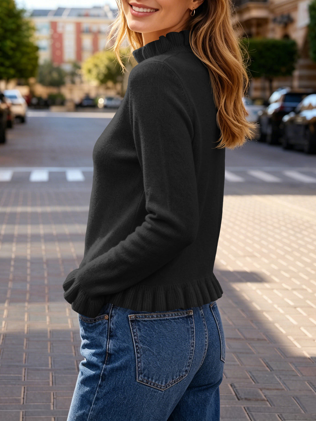 Saodimallsu Women Ruffle Mock Neck Knit Sweater