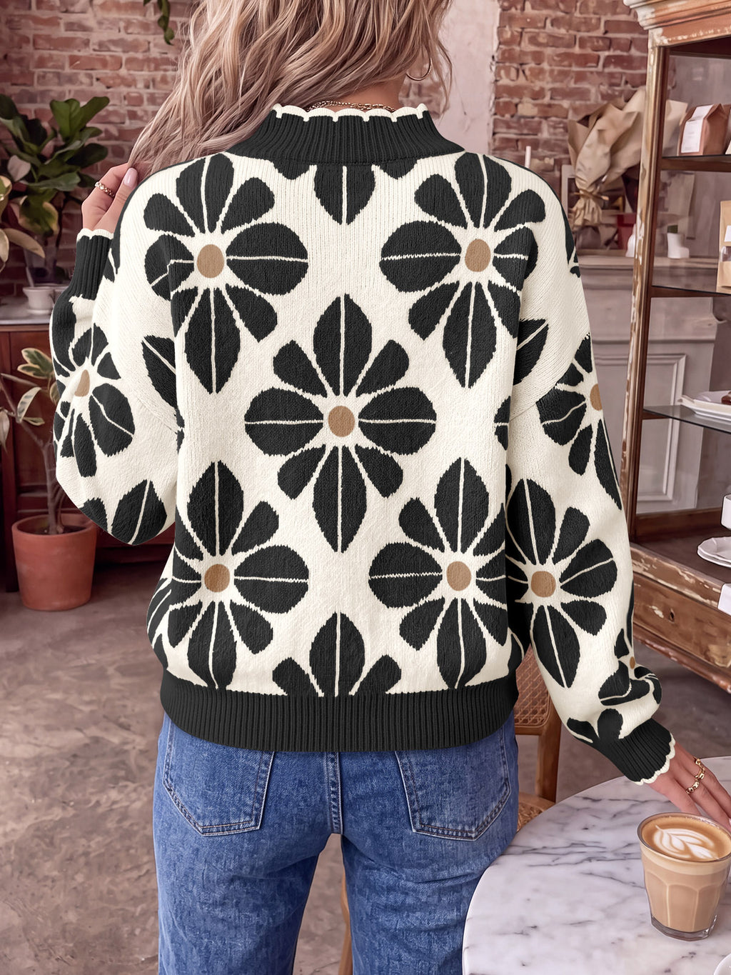 Saodimallsu Womens Mock Neck Floral Knit Sweater