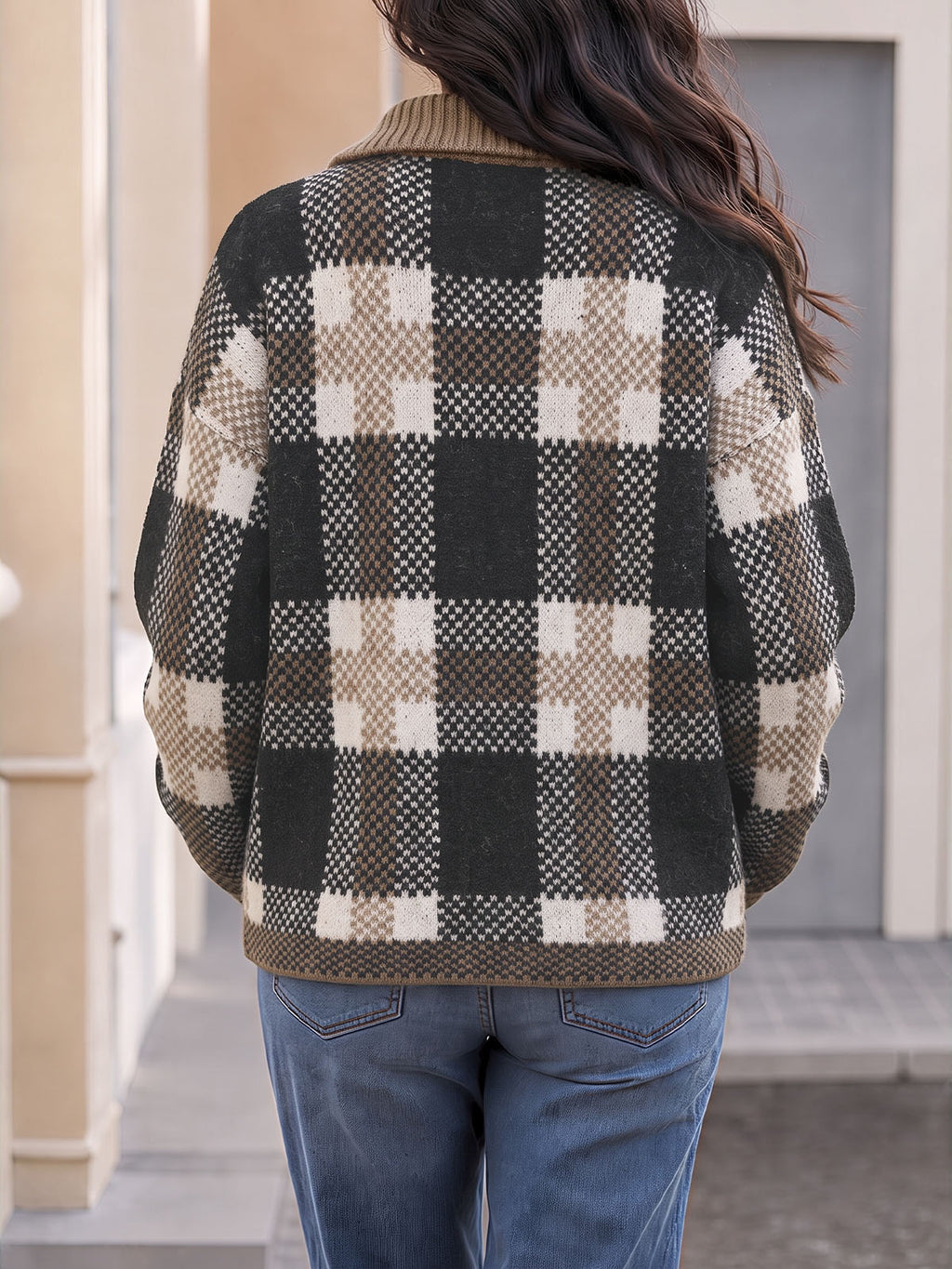 Saodimallsu Womens Plaid Color Block Zip Cardigan