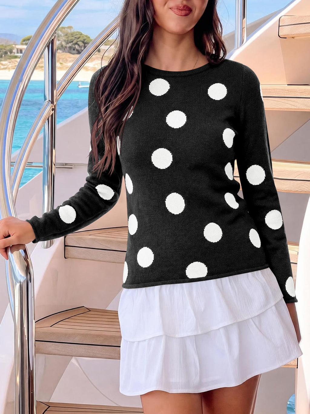 Saodimallsu Womens Polka Dot Long Sleeve Sweater
