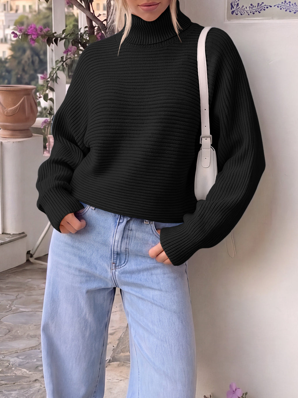 Saodimallsu Womens Batwing Sleeve Knit Turtleneck Sweater