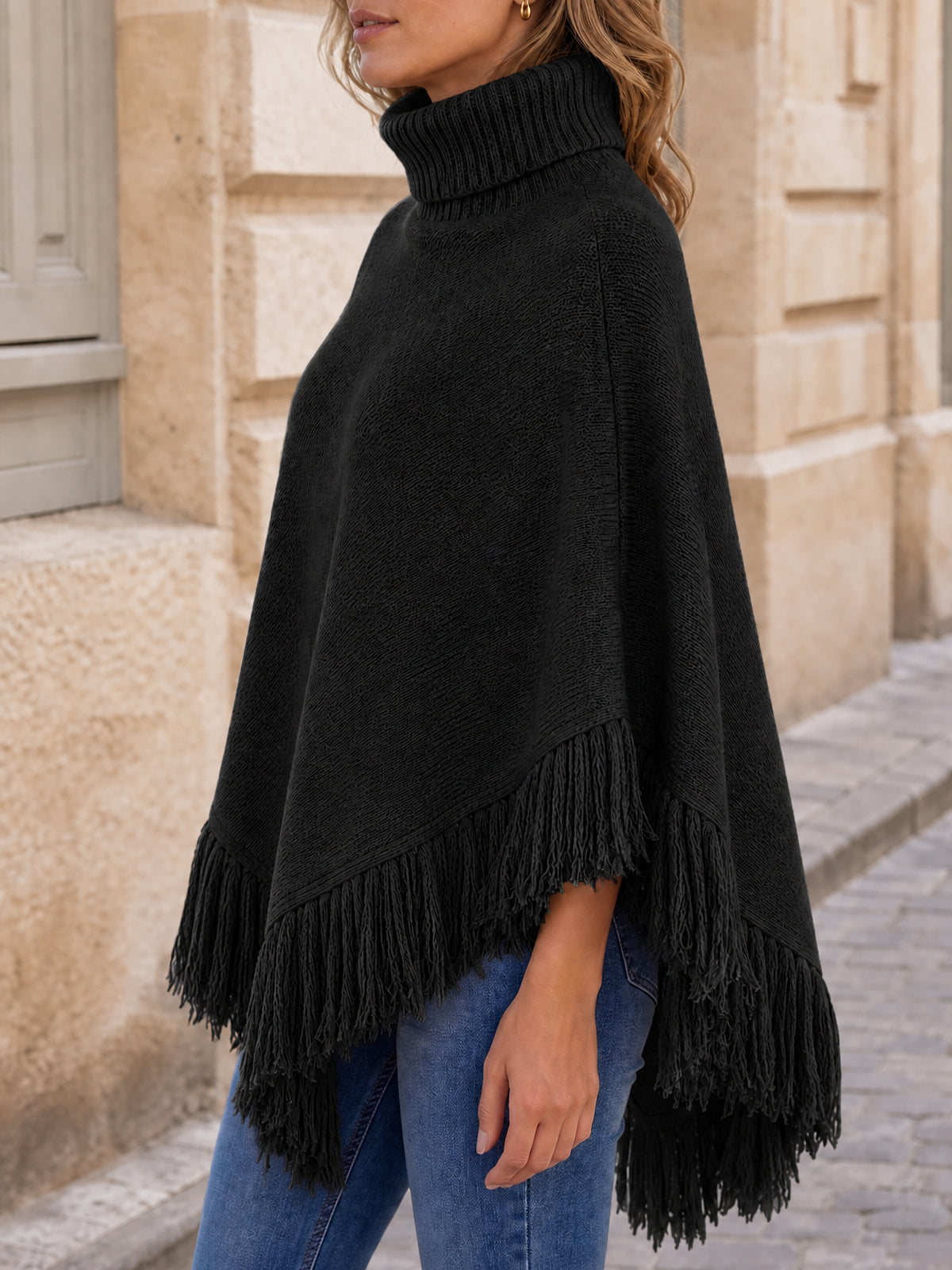 Saodimallsu Womens Fringe Turtleneck Poncho Sweater