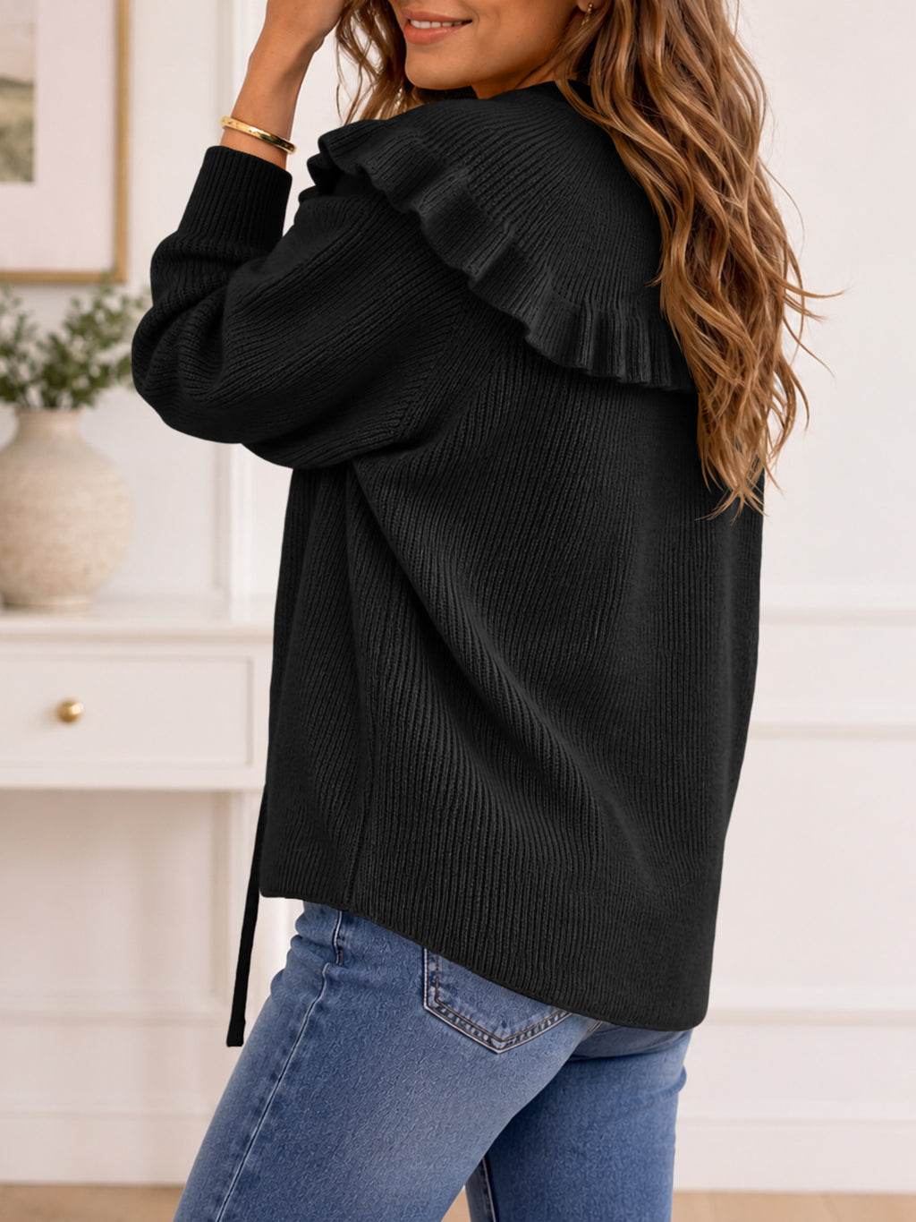 Saodimallsu Women Ruffle Collar Knit Cardigan