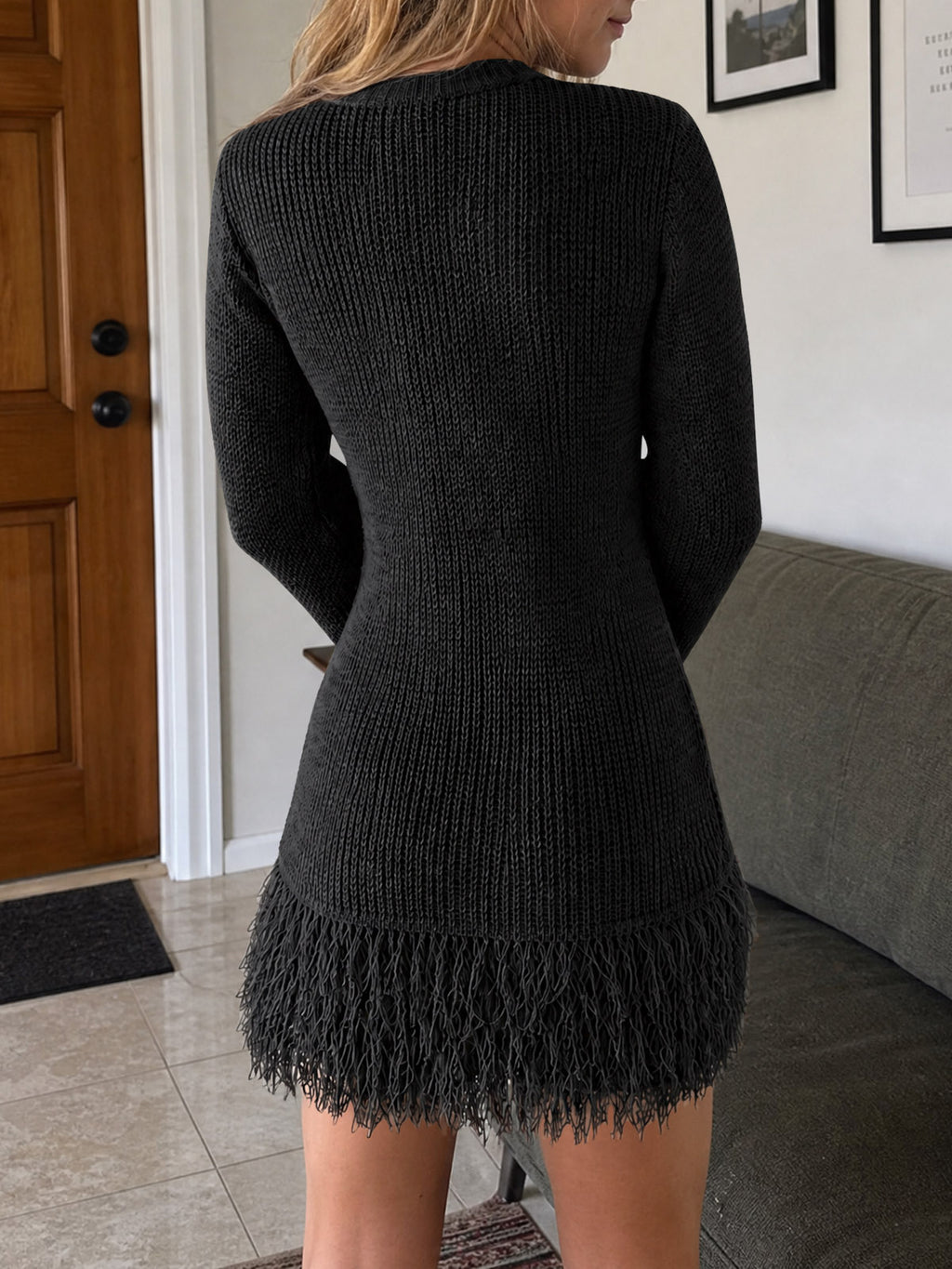 Saodimallsu Womens Fringe Waffle Knit Sweater Dress
