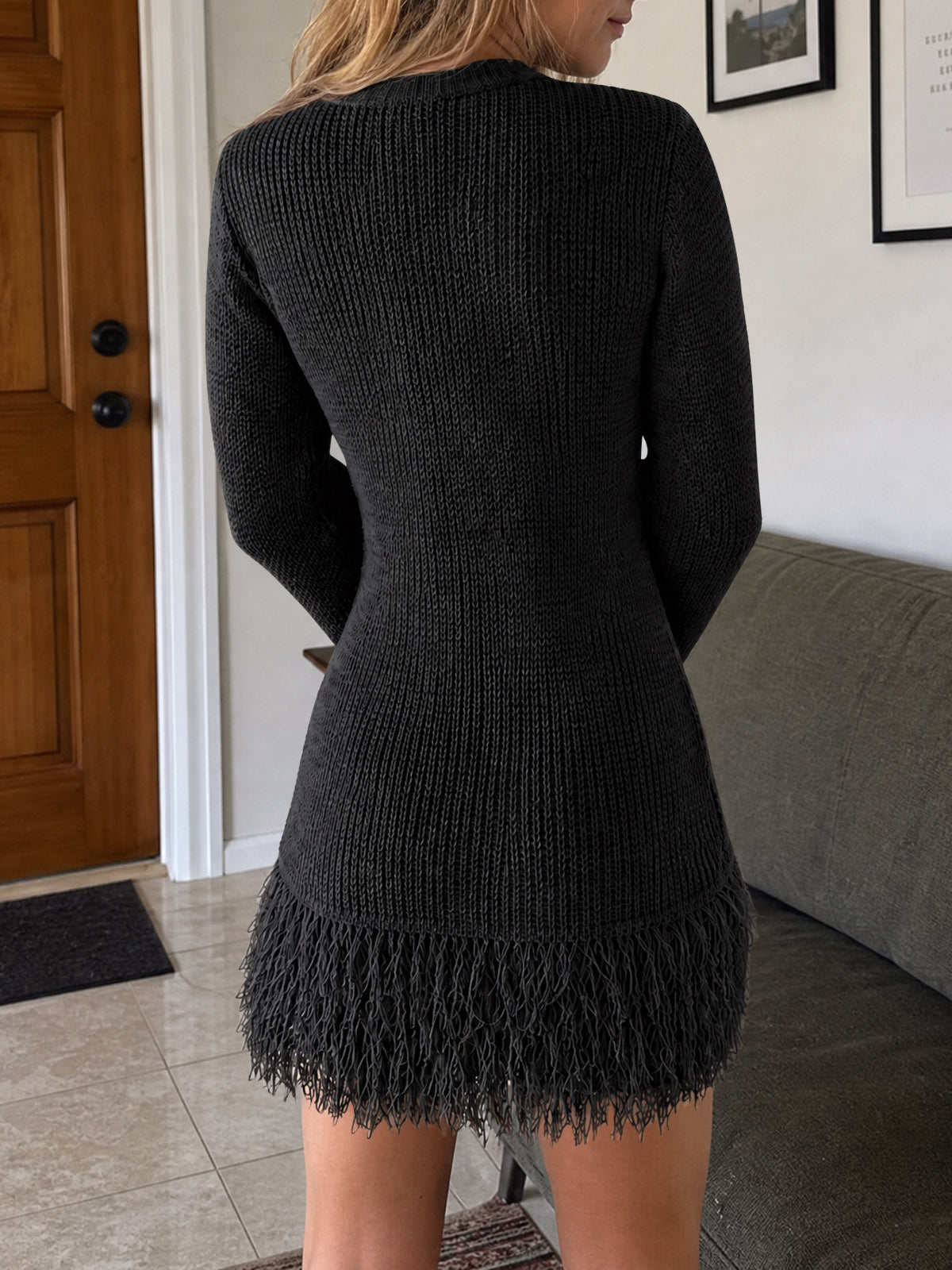 Saodimallsu Womens Fringe Waffle Knit Sweater Dress