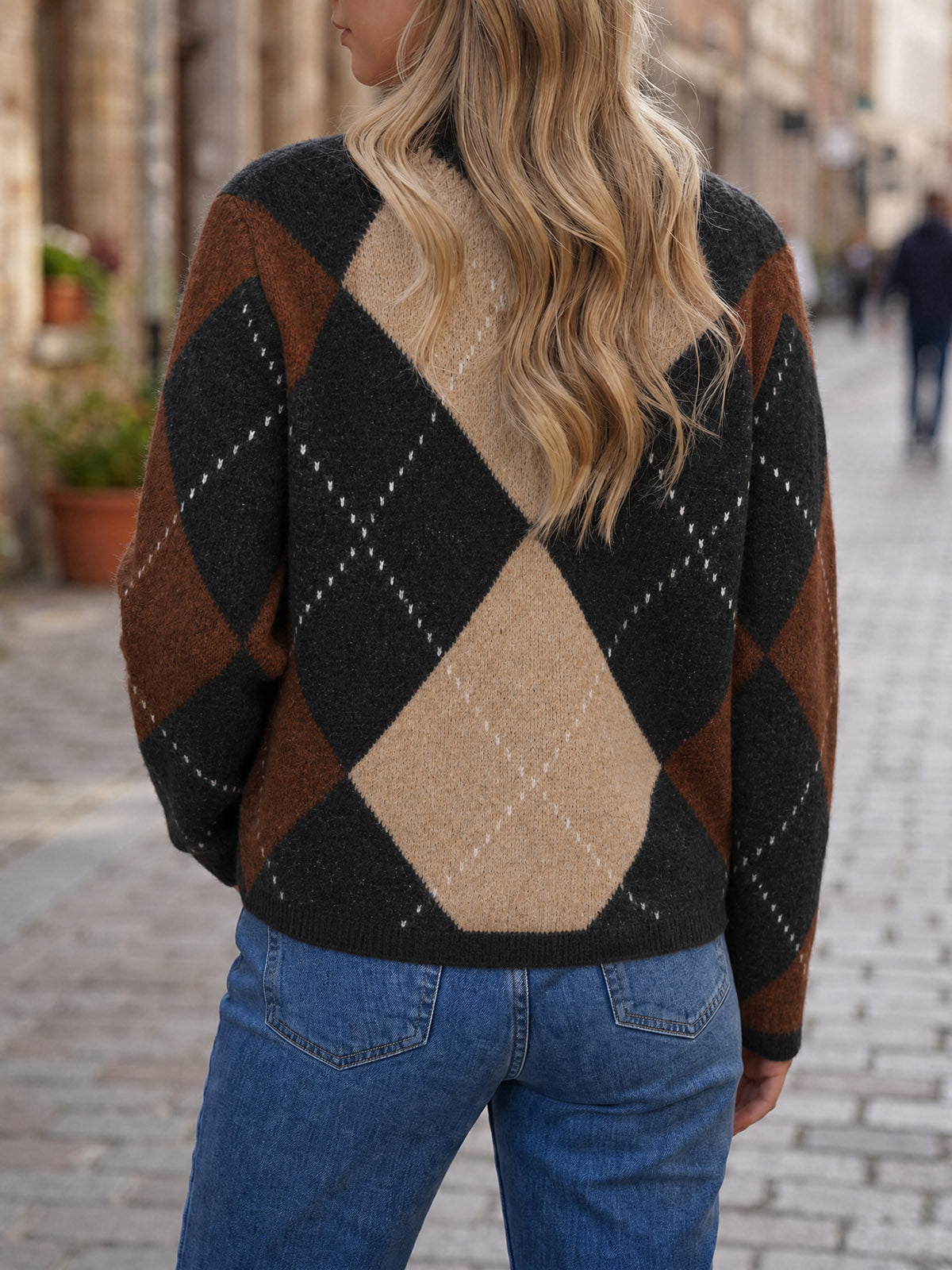 Saodimallsu Womens Argyle Crew Neck Knit Cardigan