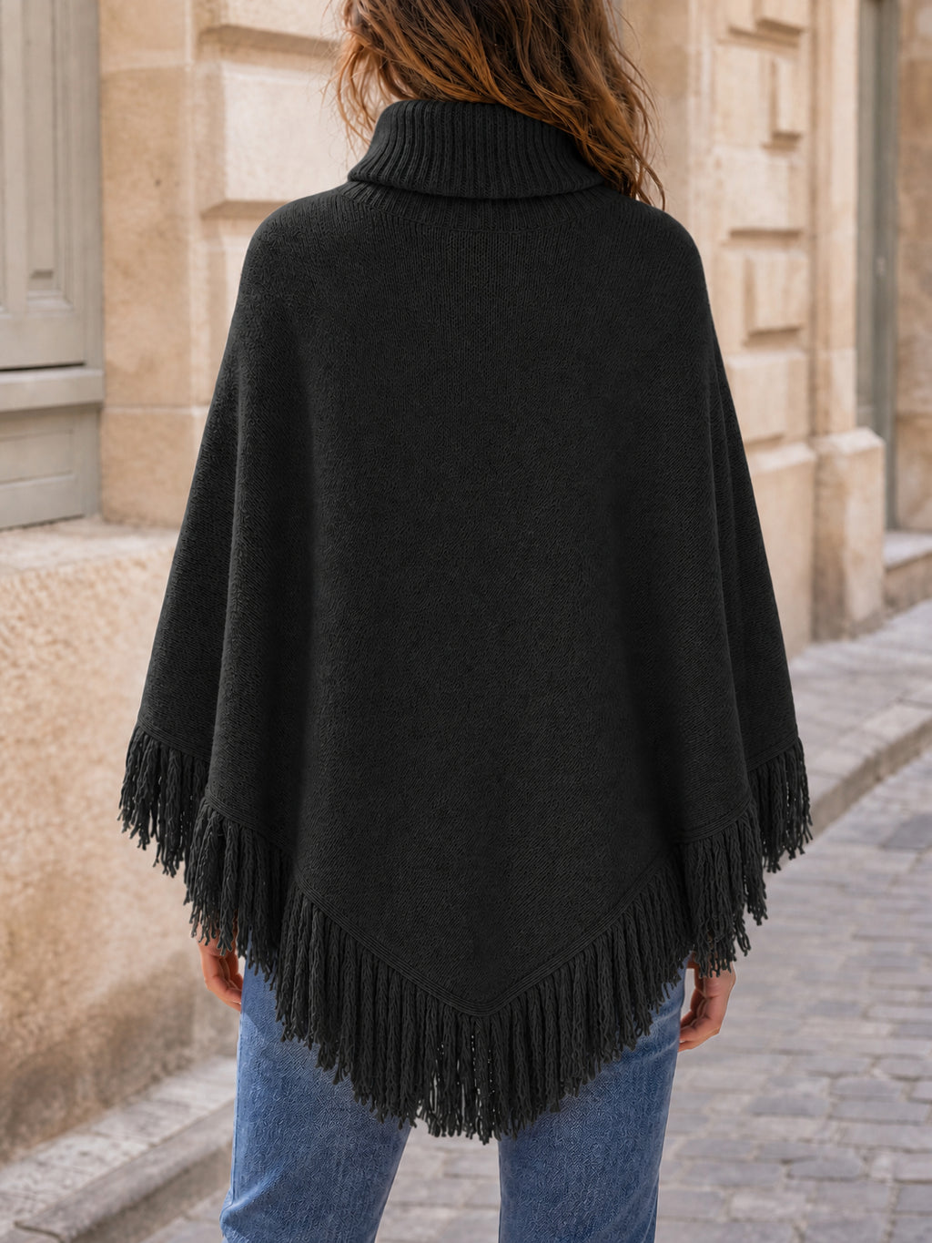 Saodimallsu Womens Fringe Turtleneck Poncho Sweater