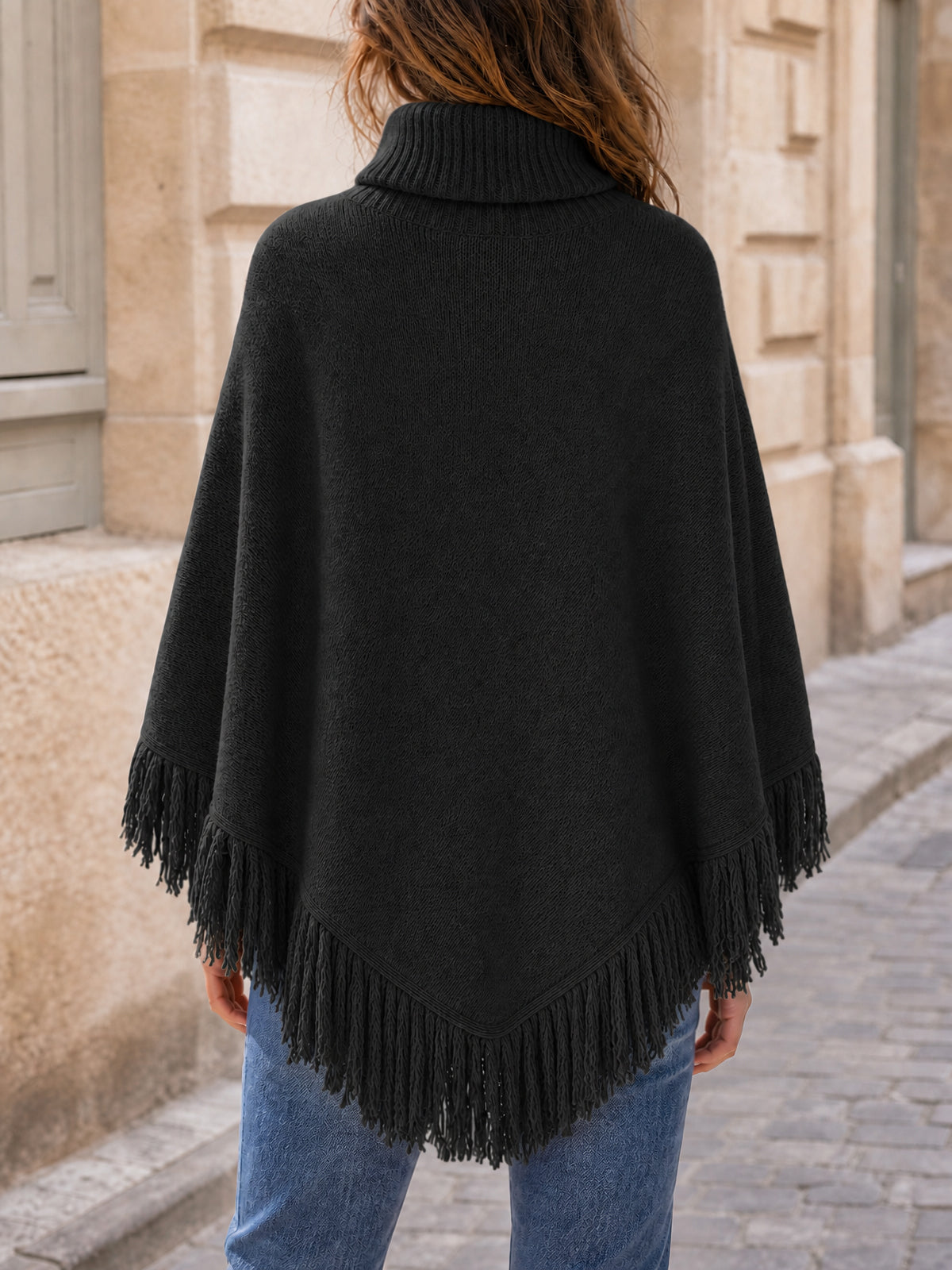 Saodimallsu Womens Fringe Turtleneck Poncho Sweater