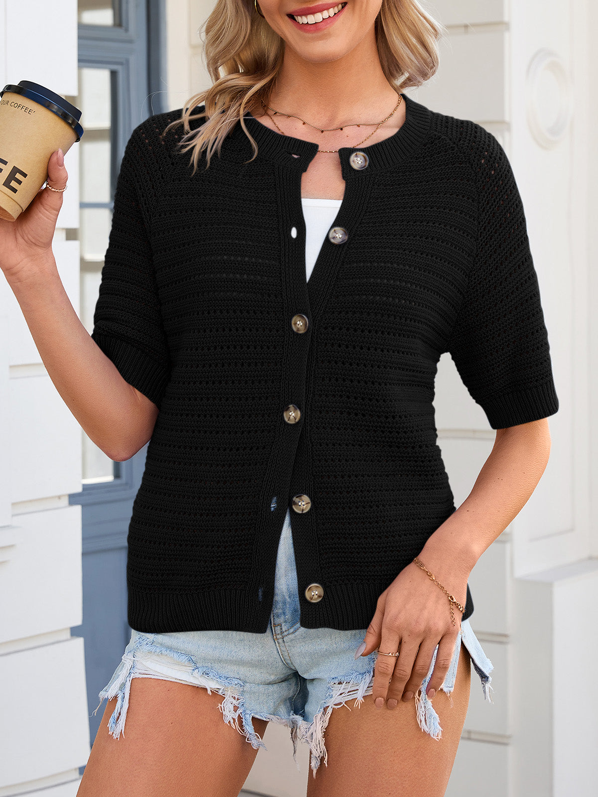 Saodimallsu Womens Crochet Short Sleeve Button Down Cardigan