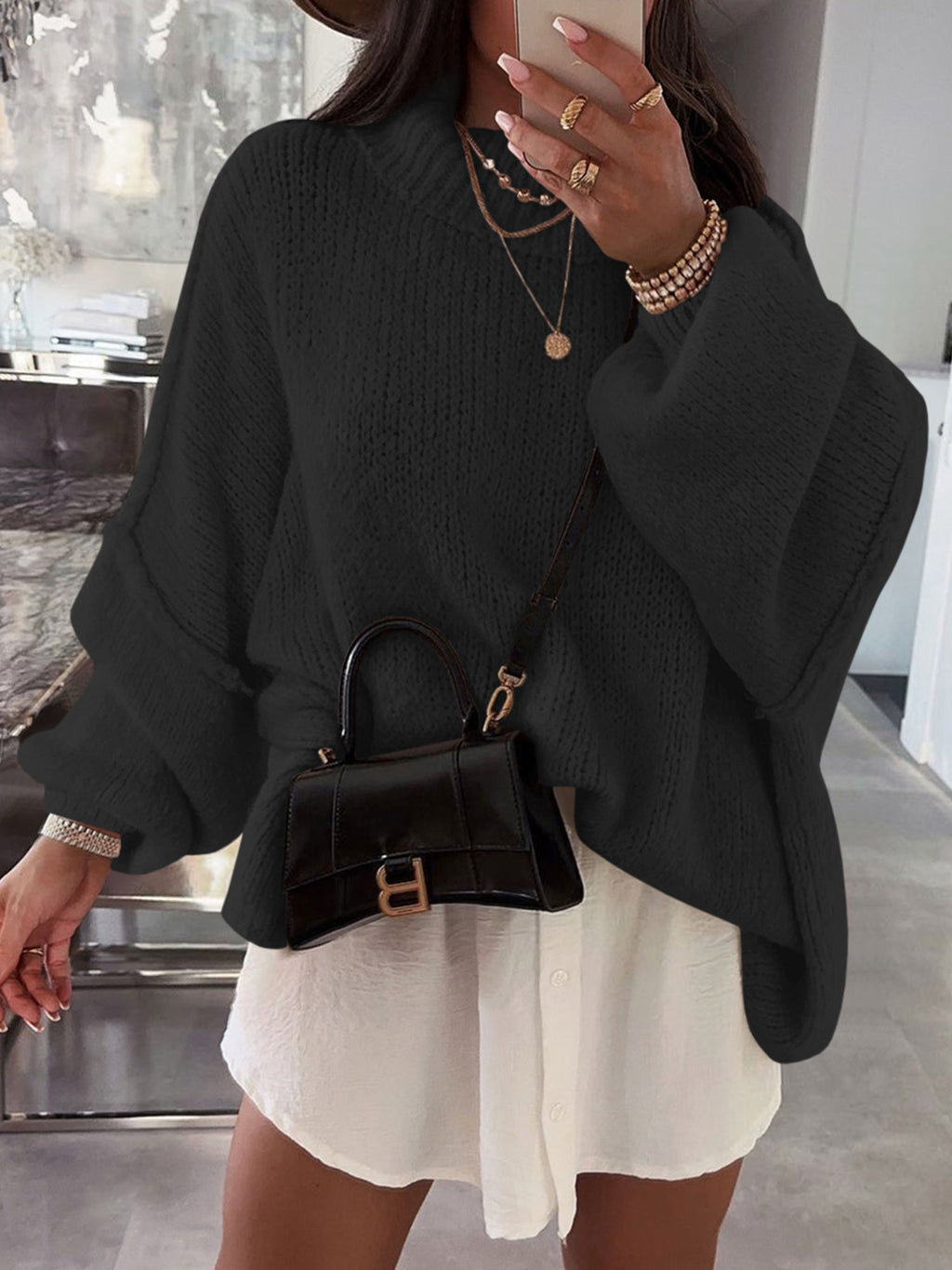 Saodimallsu Black Womens Mock Neck Sweater