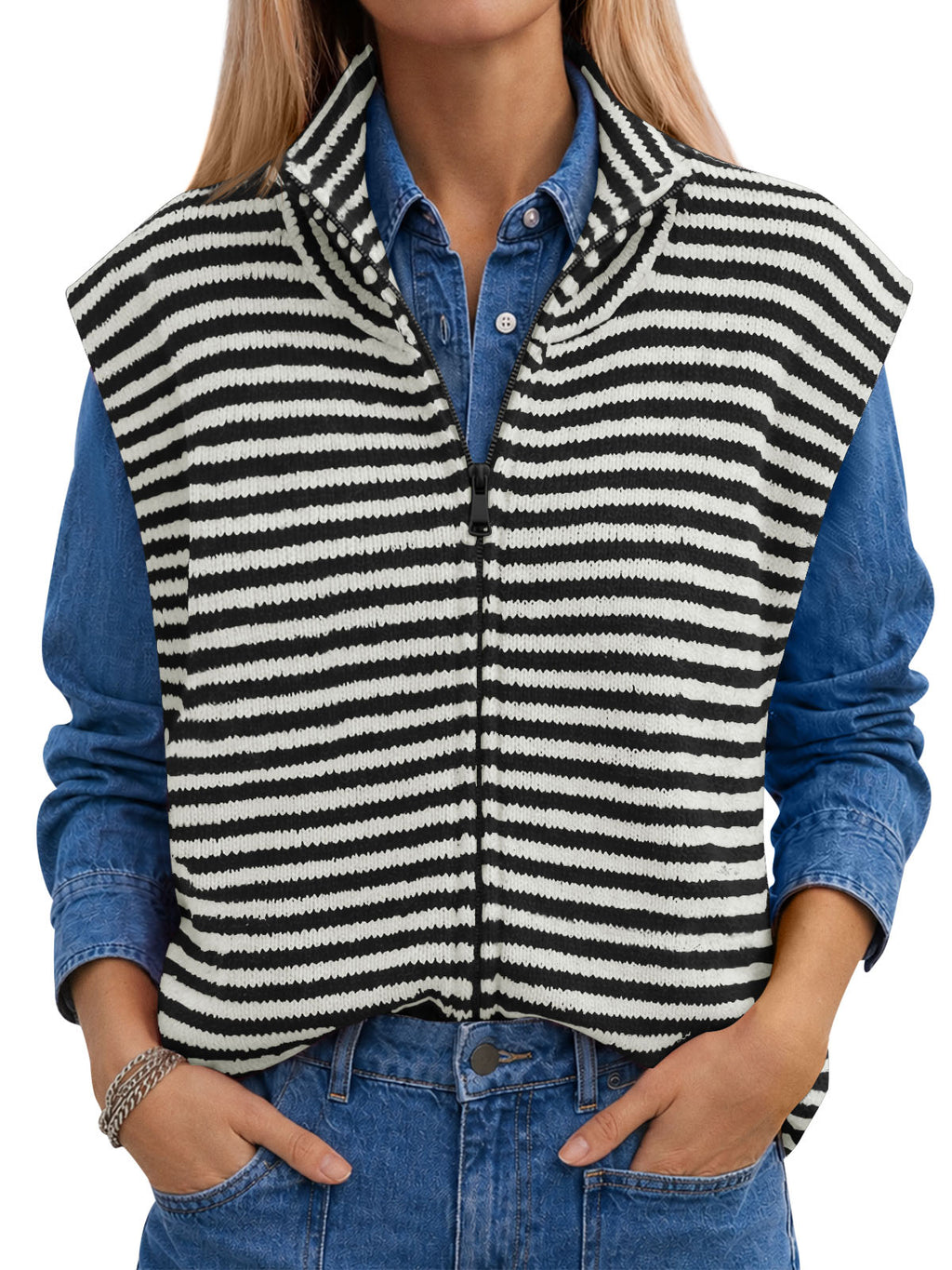 Saodimallsu Women Striped Zip Up Knit Cardigan