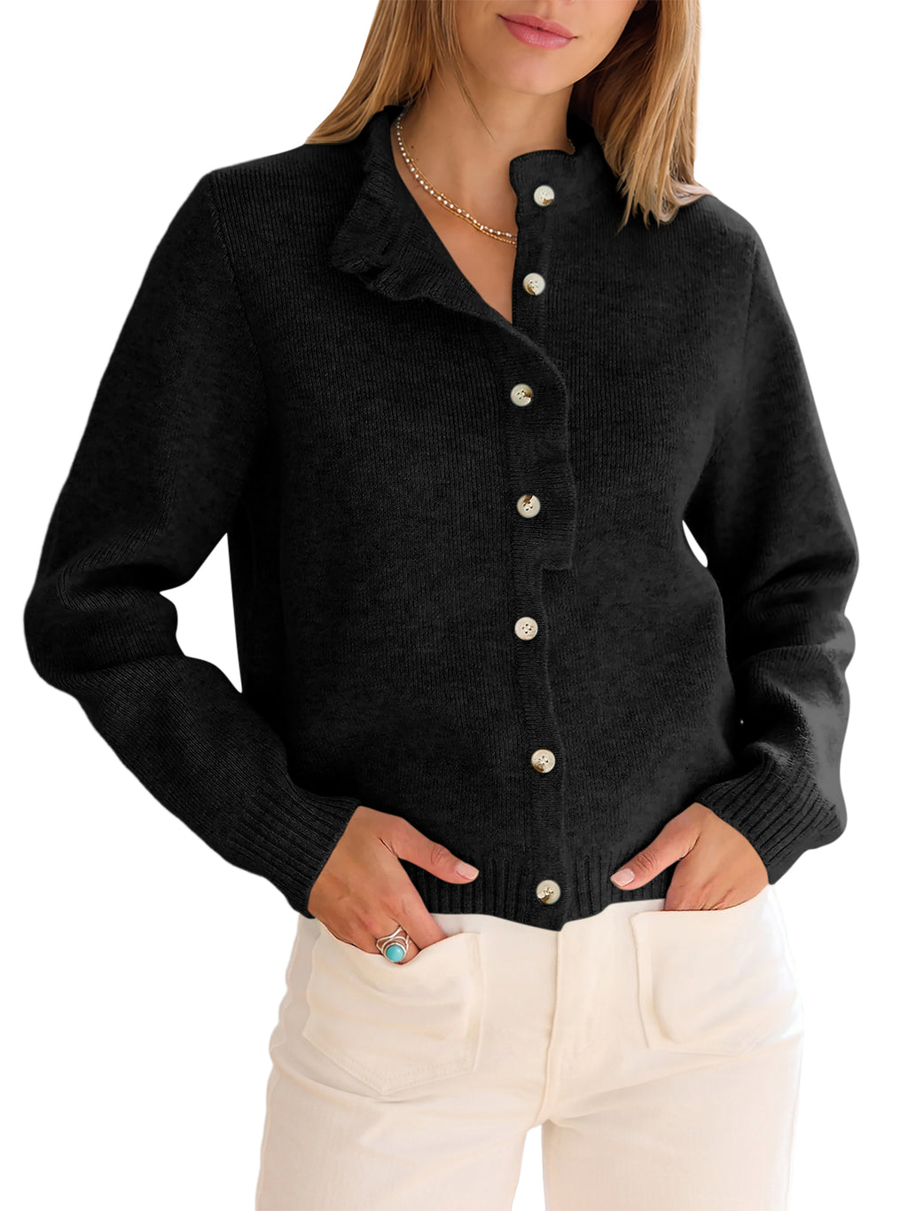 Saodimallsu Women Ruffle Mock Neck Knit Cardigan