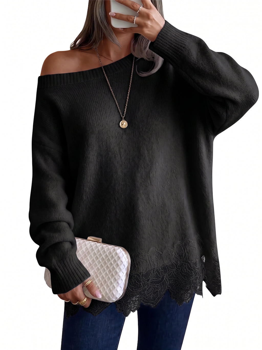 Saodimallsu Women Lace Patchwork Sweater