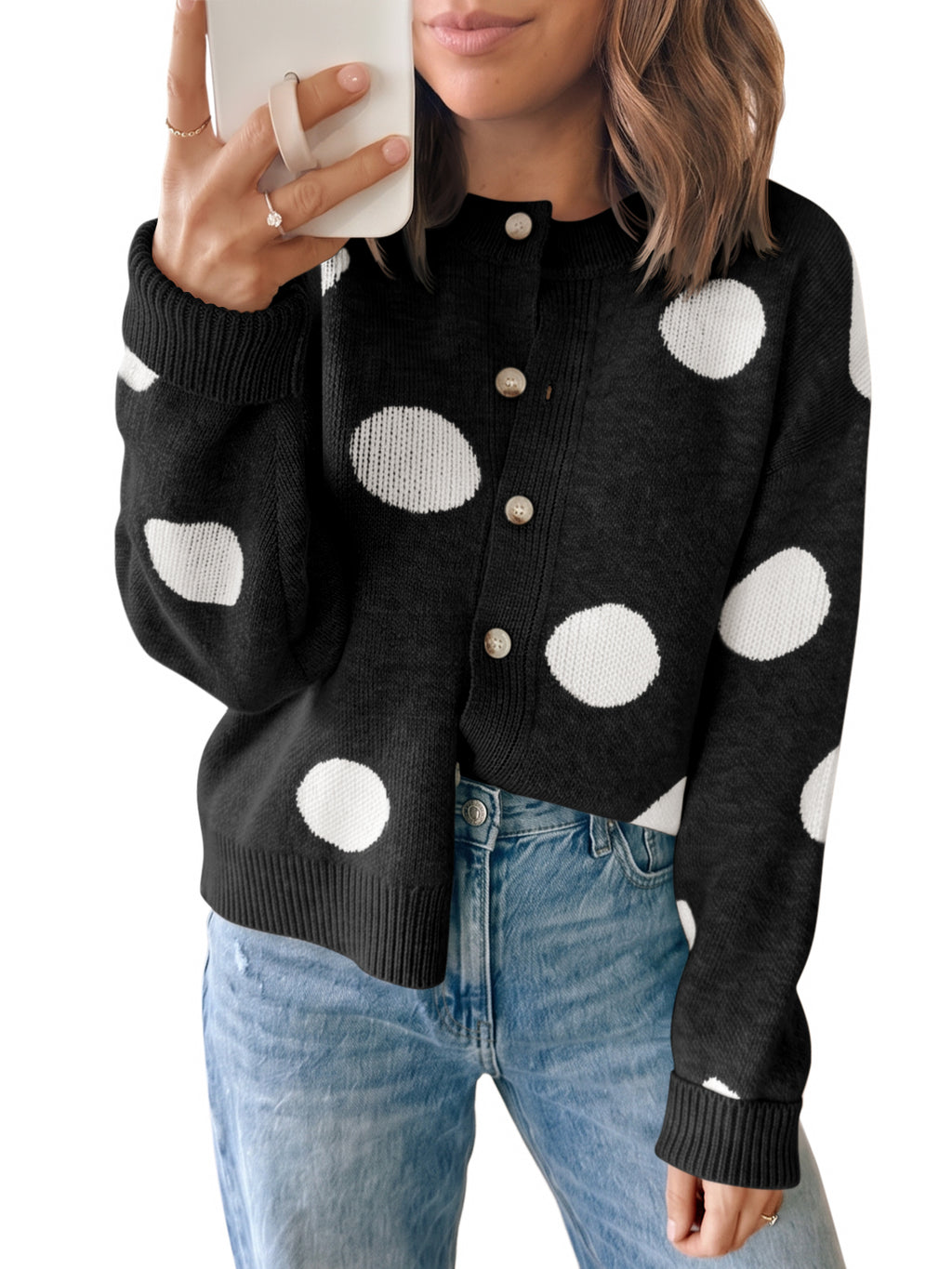 Saodimallsu Women Polka Dot Knit Cardigan