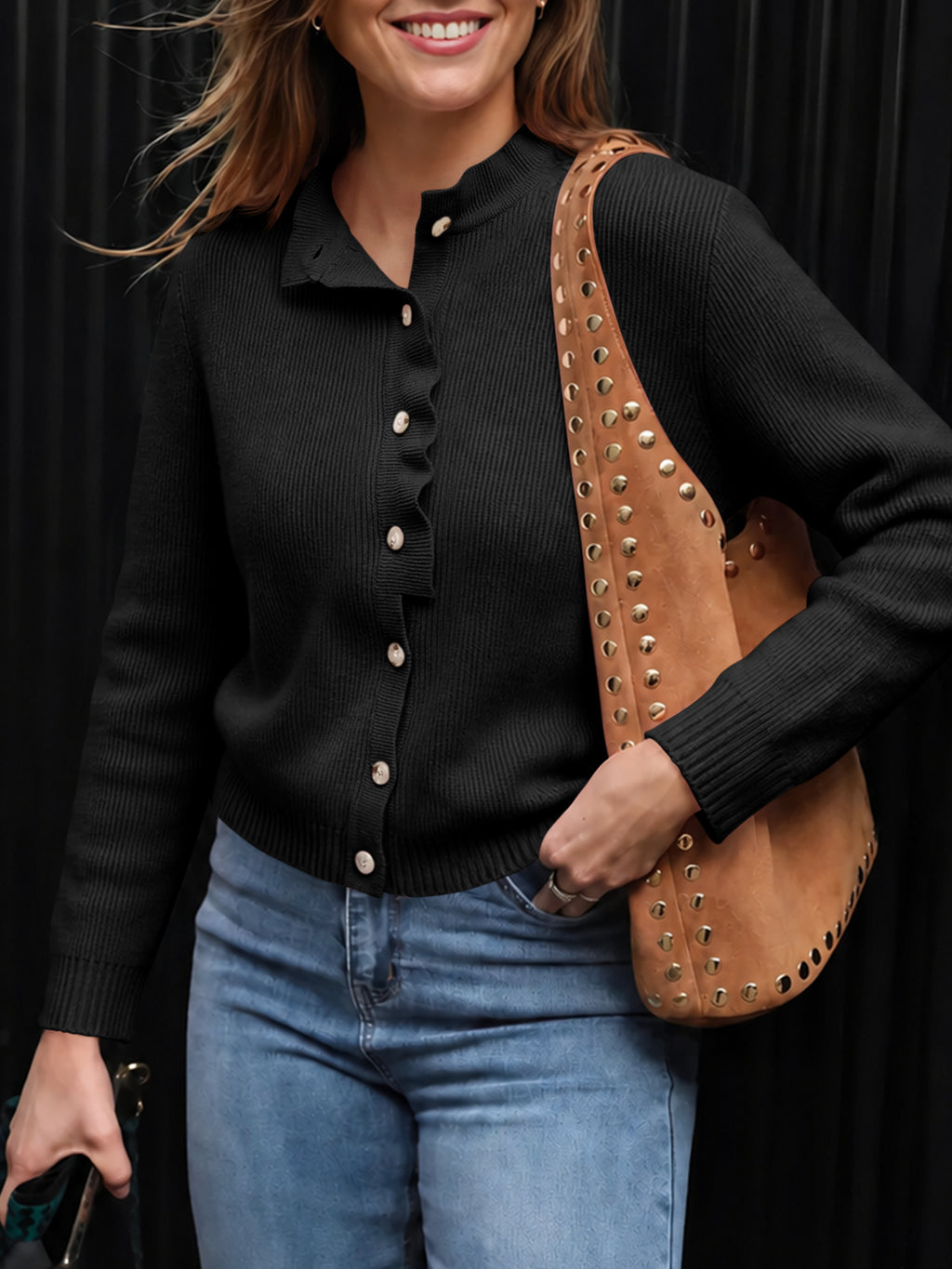 Saodimallsu Women Ruffle Mock Neck Knit Cardigan