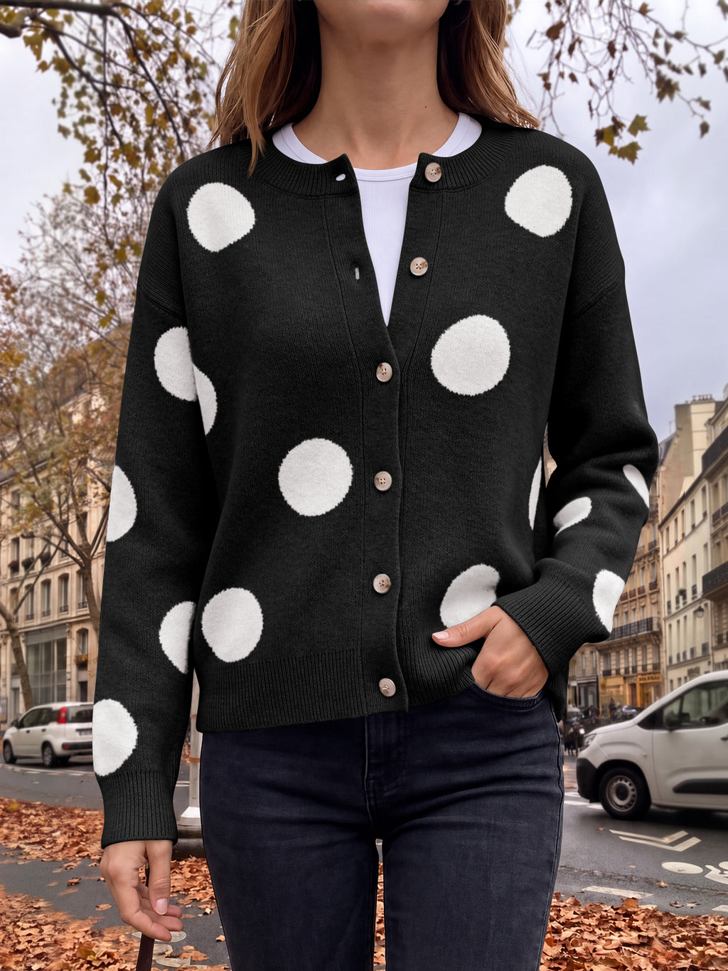 Saodimallsu Women Polka Dot Knit Cardigan