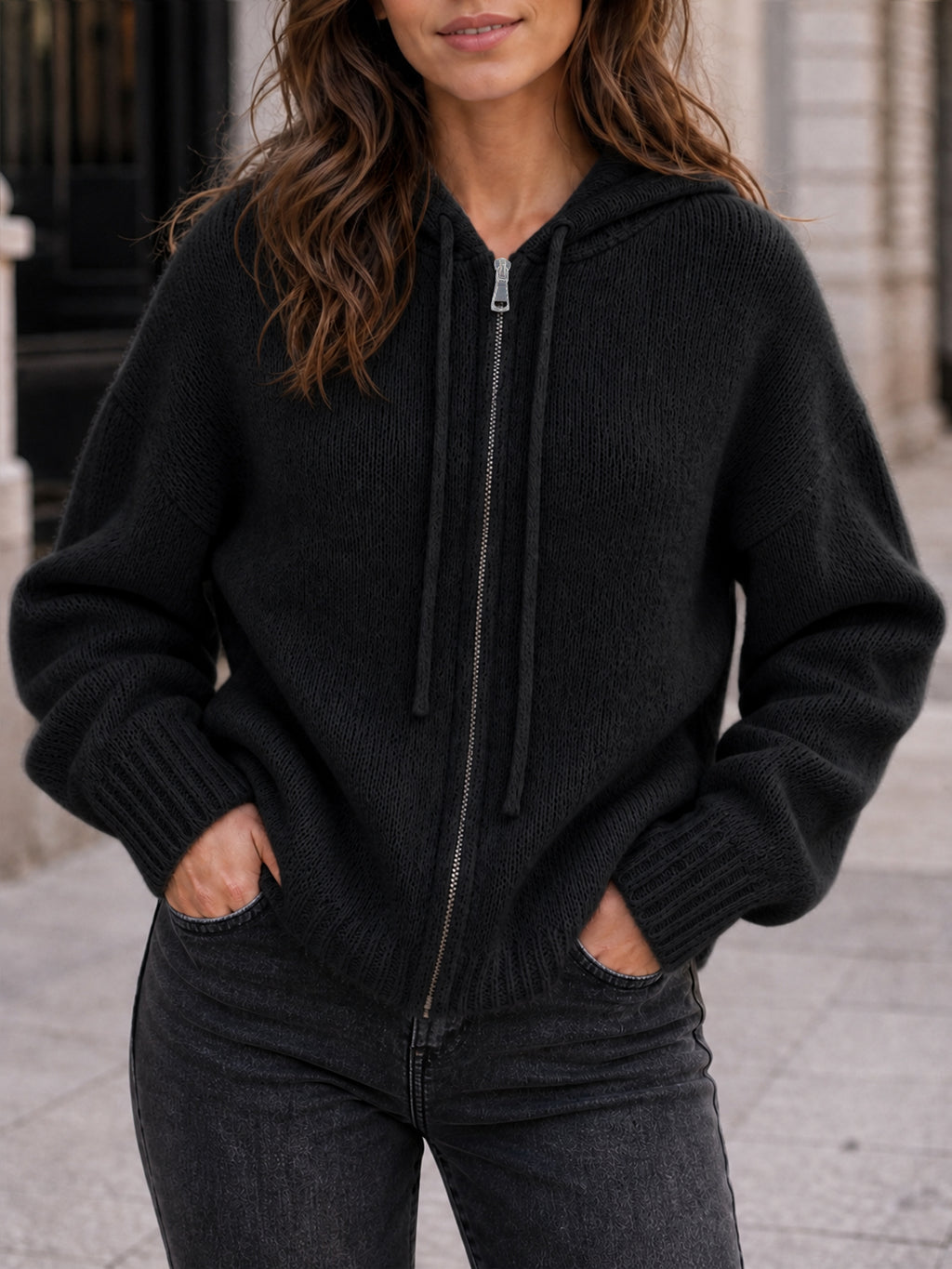 Saodimallsu Womens Zip Up Hooded Knit Cardigan