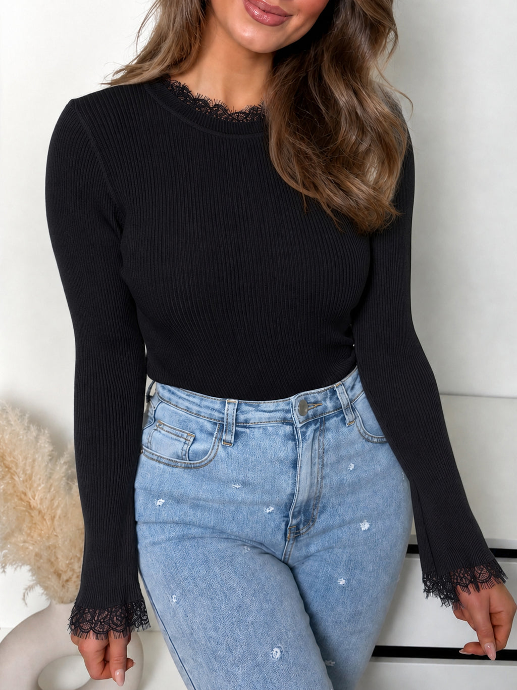 Saodimallsu Women  Crew Neck Ribbed Knit Sweater