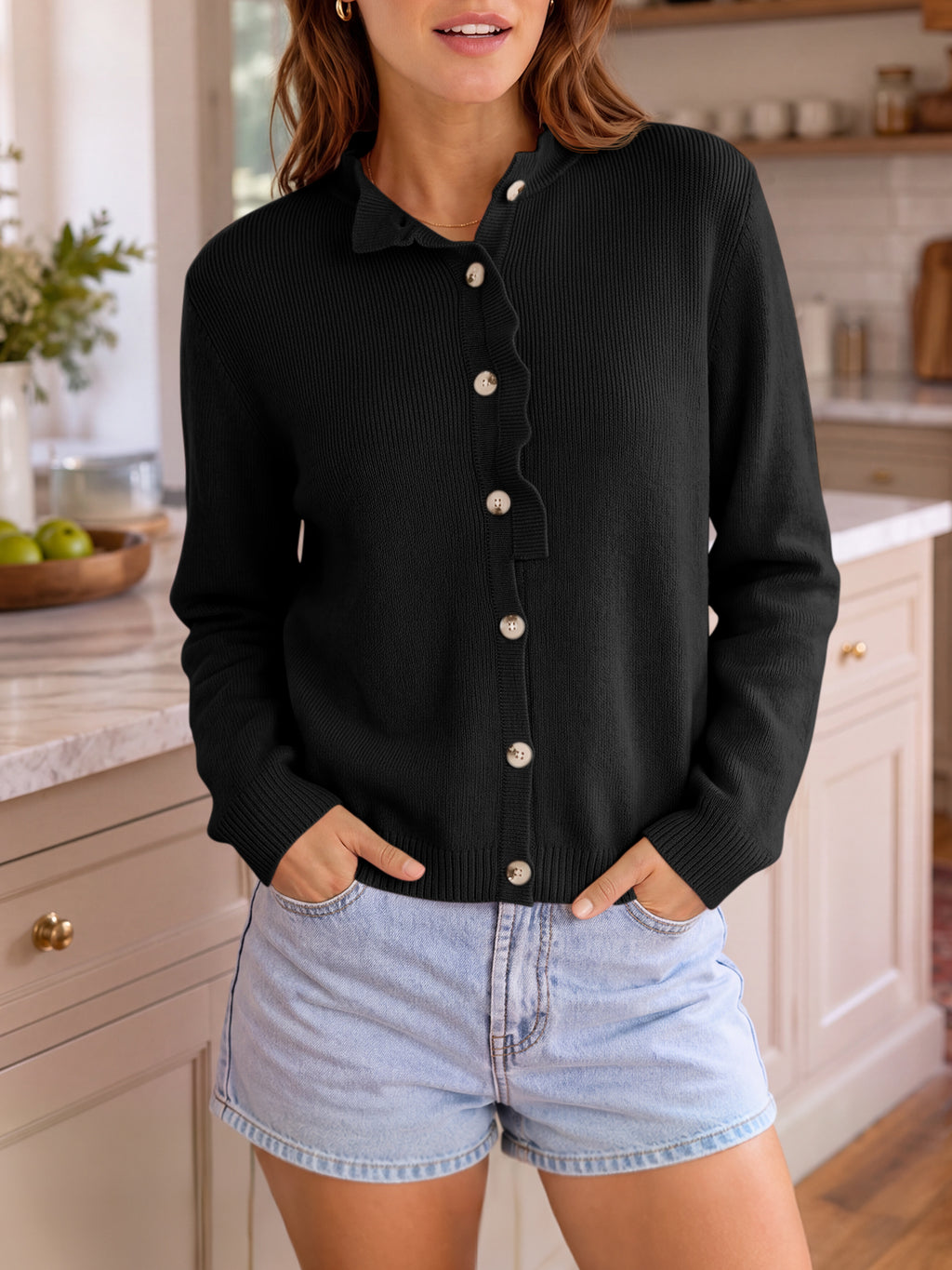 Saodimallsu Women Ruffle Mock Neck Knit Cardigan