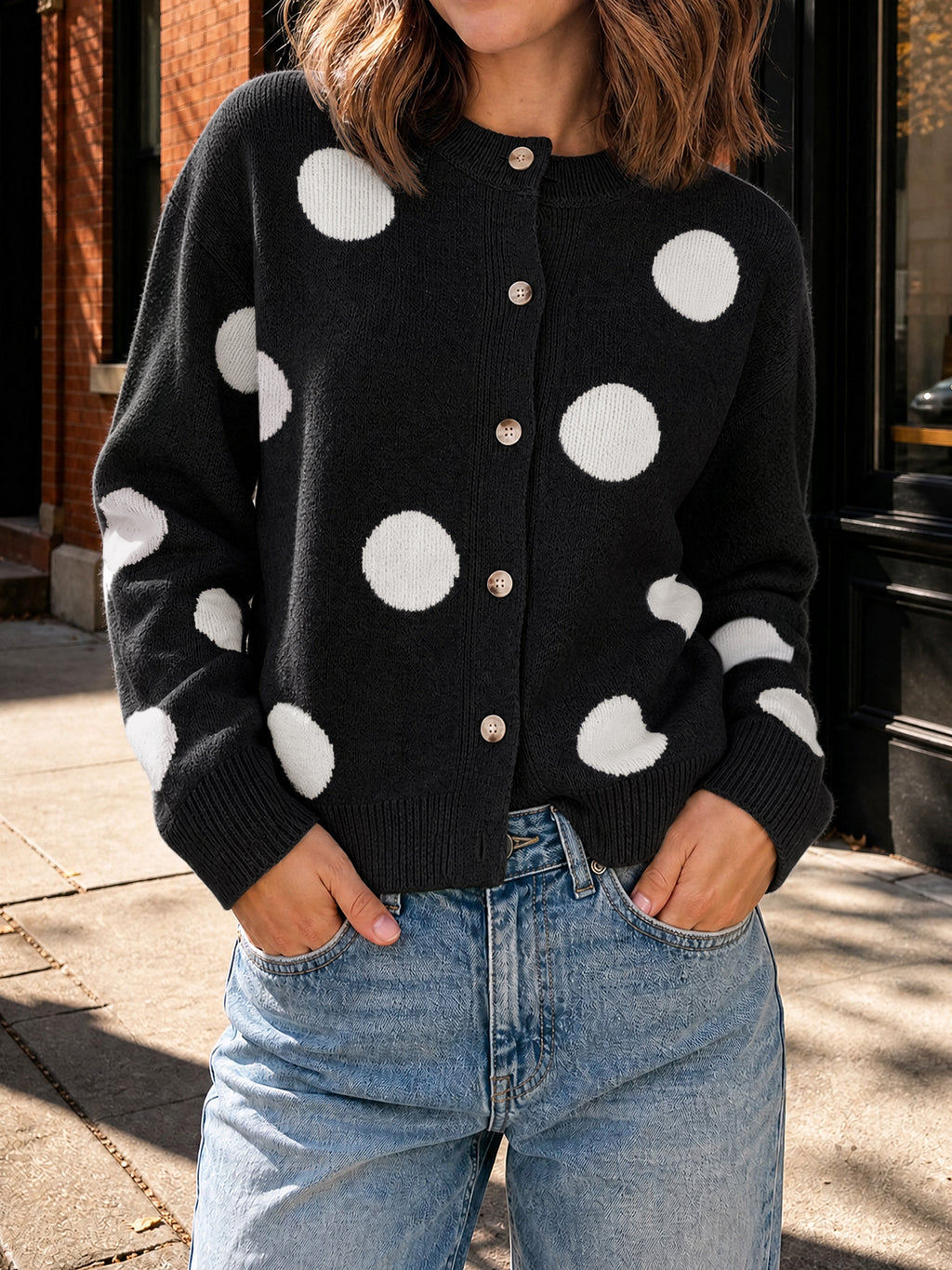Saodimallsu Women Polka Dot Knit Cardigan