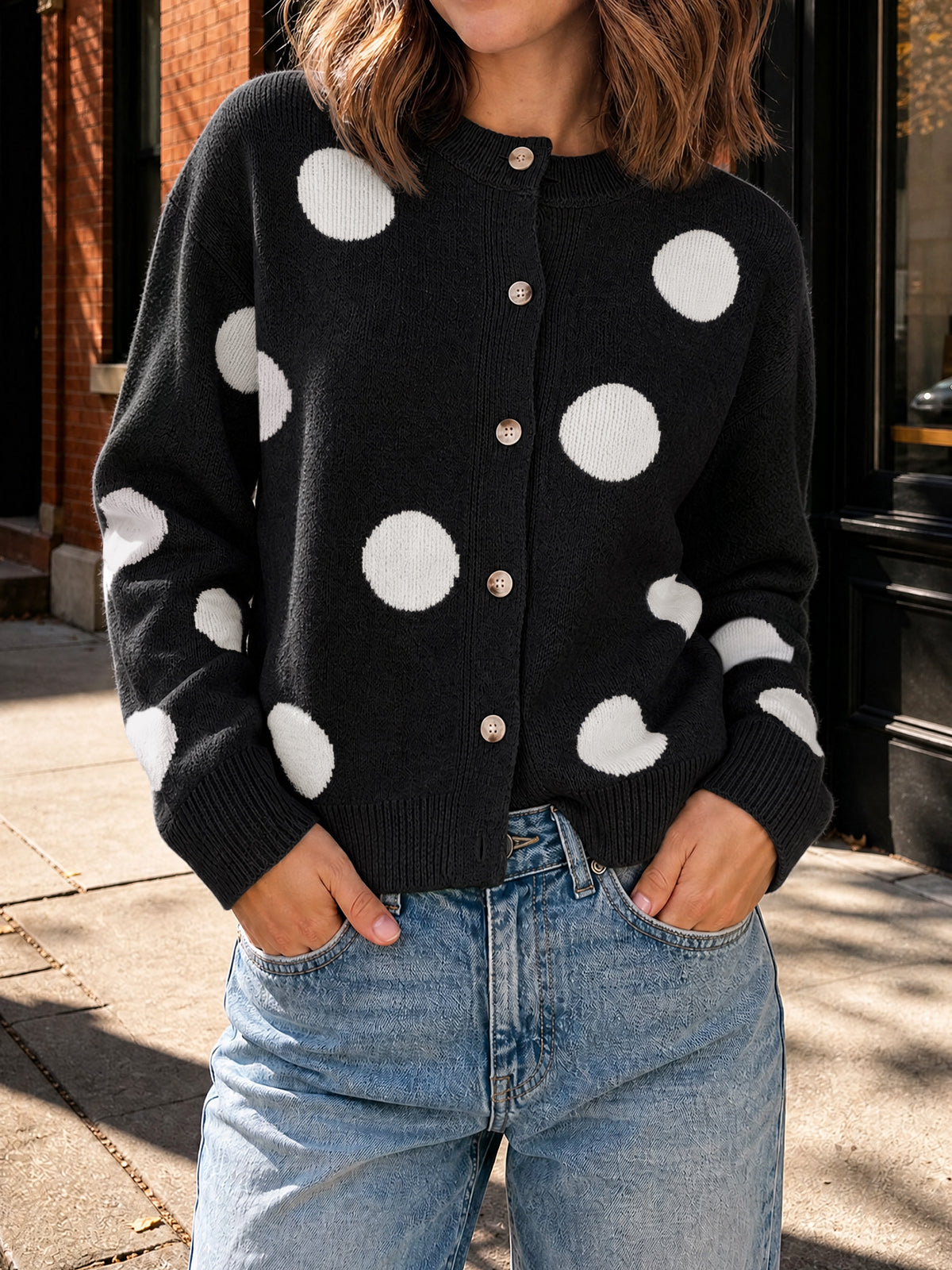 Saodimallsu Women Polka Dot Knit Cardigan