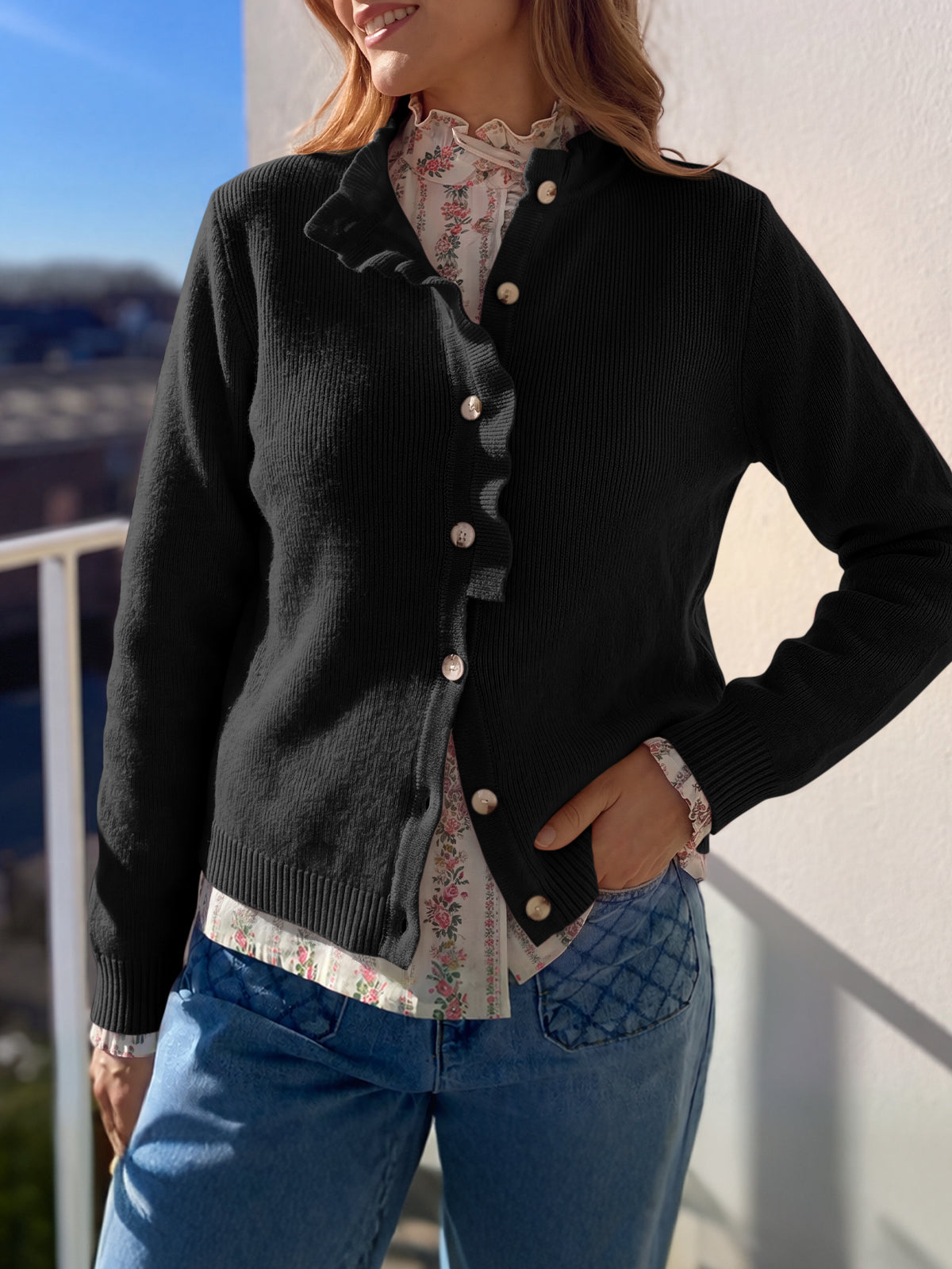 Saodimallsu Women Ruffle Mock Neck Knit Cardigan