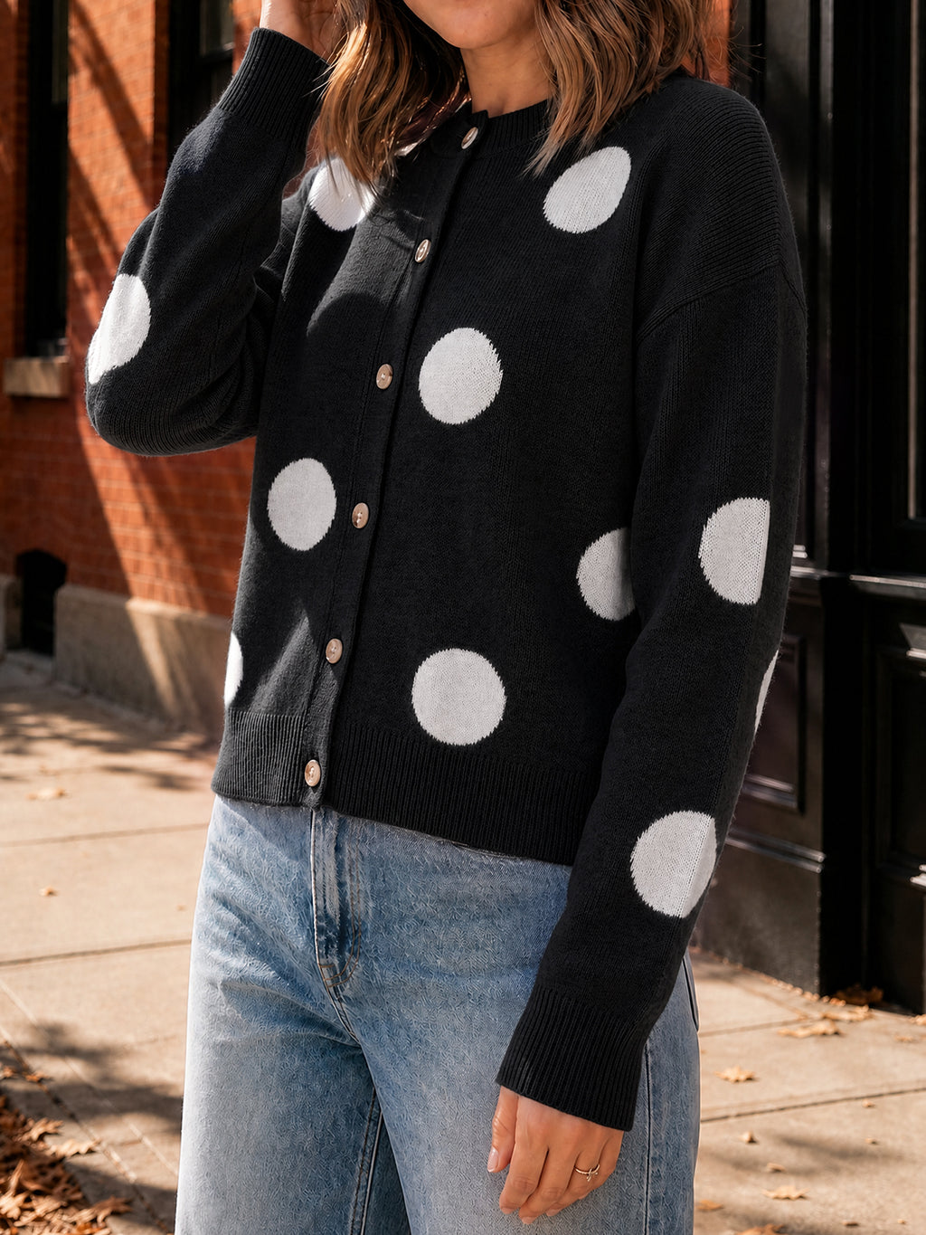 Saodimallsu Women Polka Dot Knit Cardigan